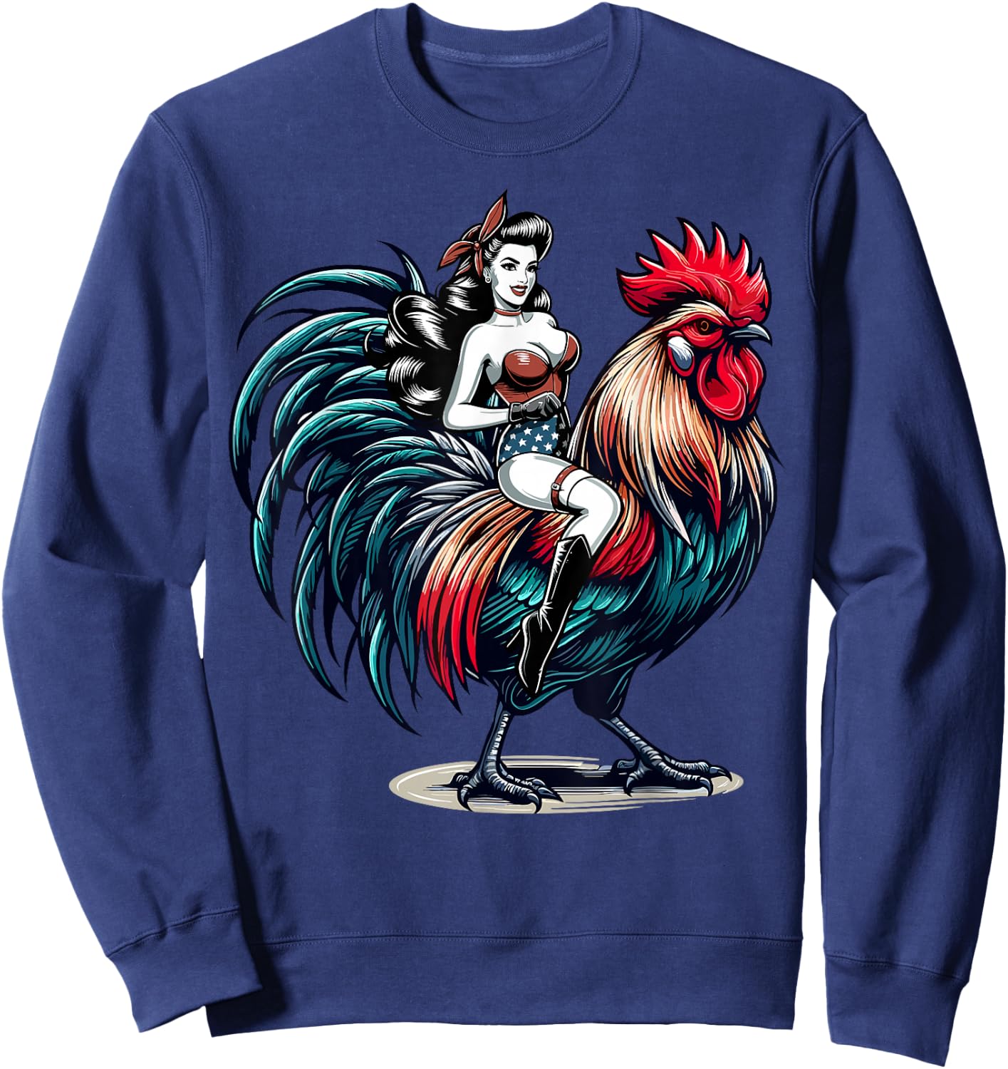 Pin-Up Girl Riding Rooster Vintage Patriotic Sweatshirt - Sweatshirt | Navy