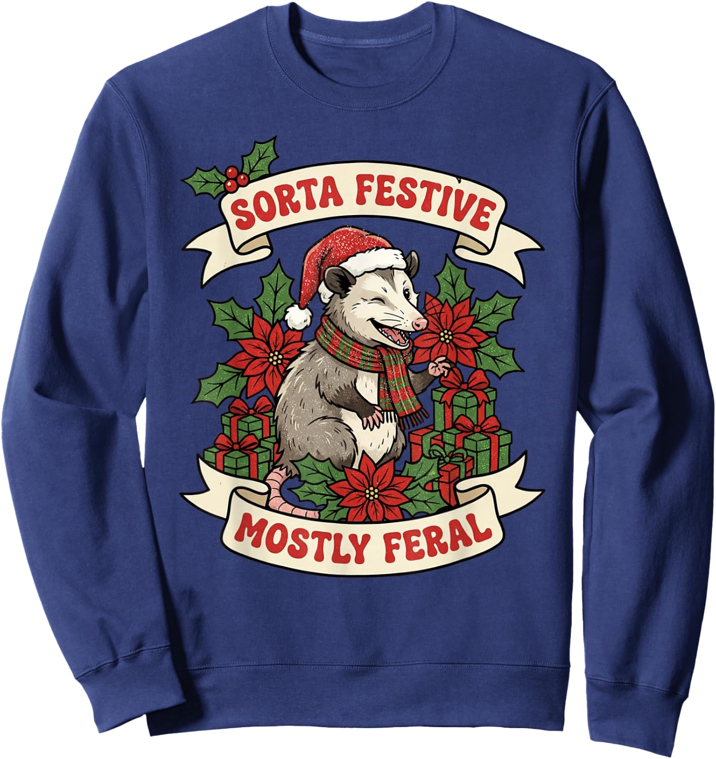 Sorta Festive Mostly Feral Opossum Funny Christmas Holiday Sweatshirt - Sweatshirt | Navy