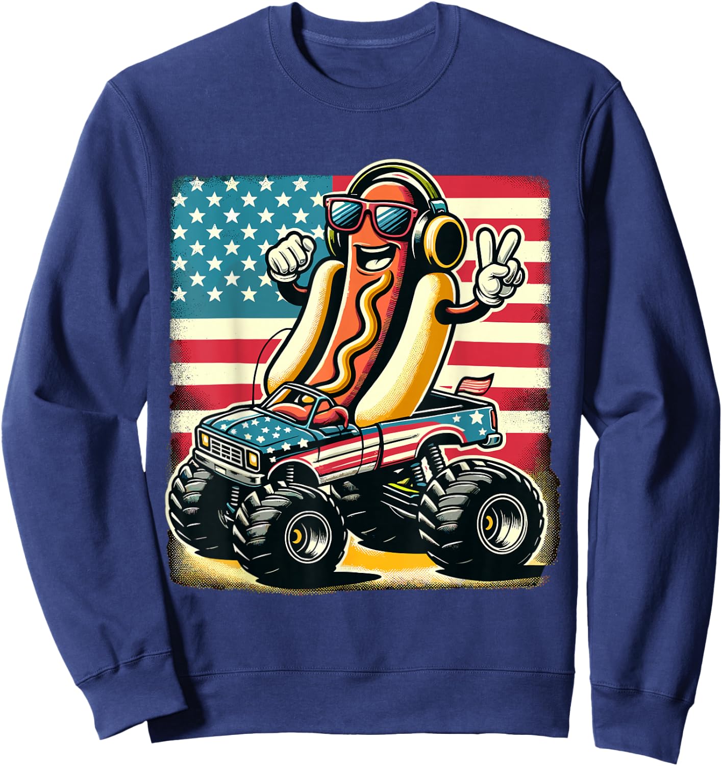 Monster Truck 4th Of July Hotdog Peace Sign American Flag Sweatshirt - Sweatshirt | Navy