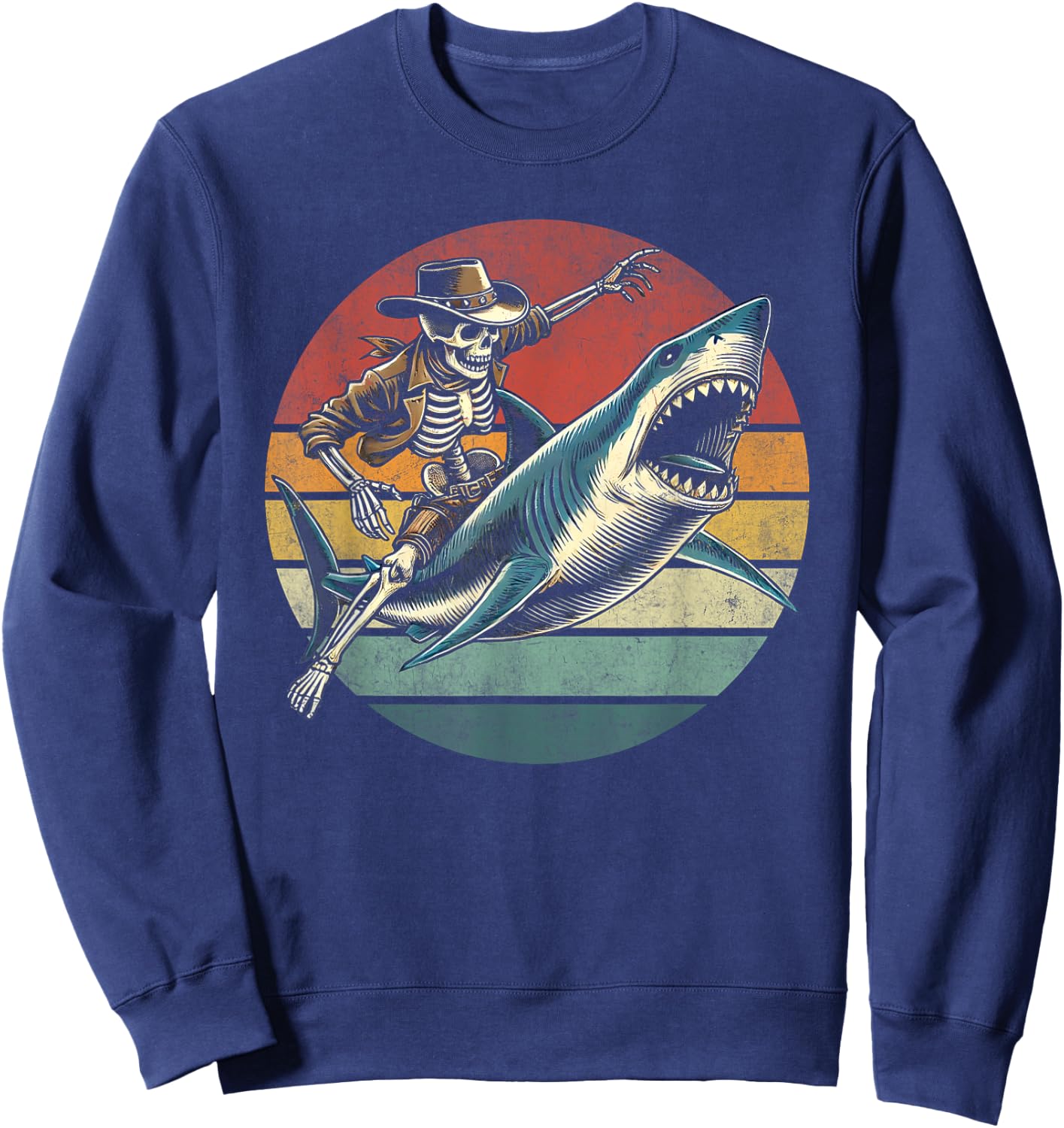 Skeleton Rodeo Shark Funny Vintage Skeleton Riding Shark Sweatshirt - Sweatshirt | Navy