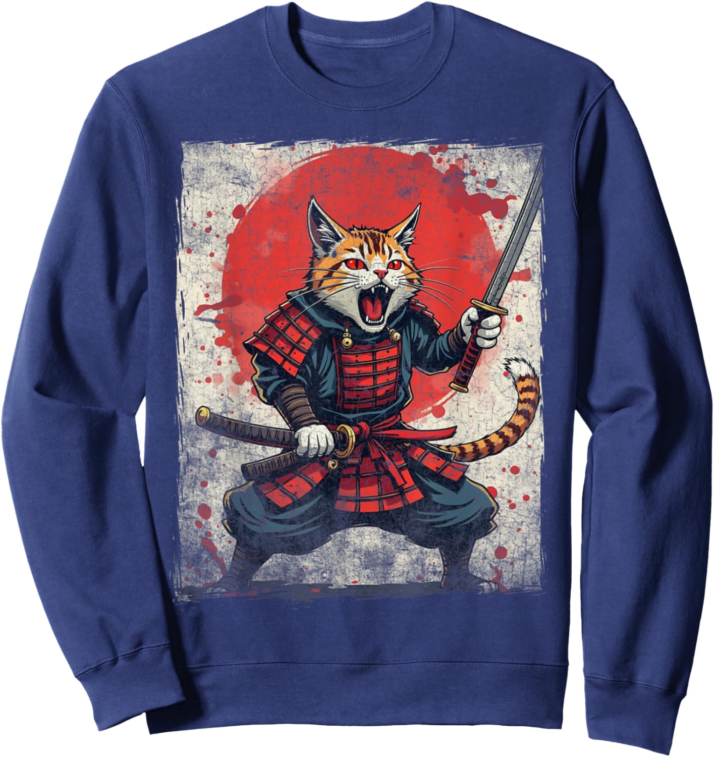 Samurai Cat Ukiyo-e Warrior Art Vintage Ninja Cat Graphic Sweatshirt - Sweatshirt | Navy