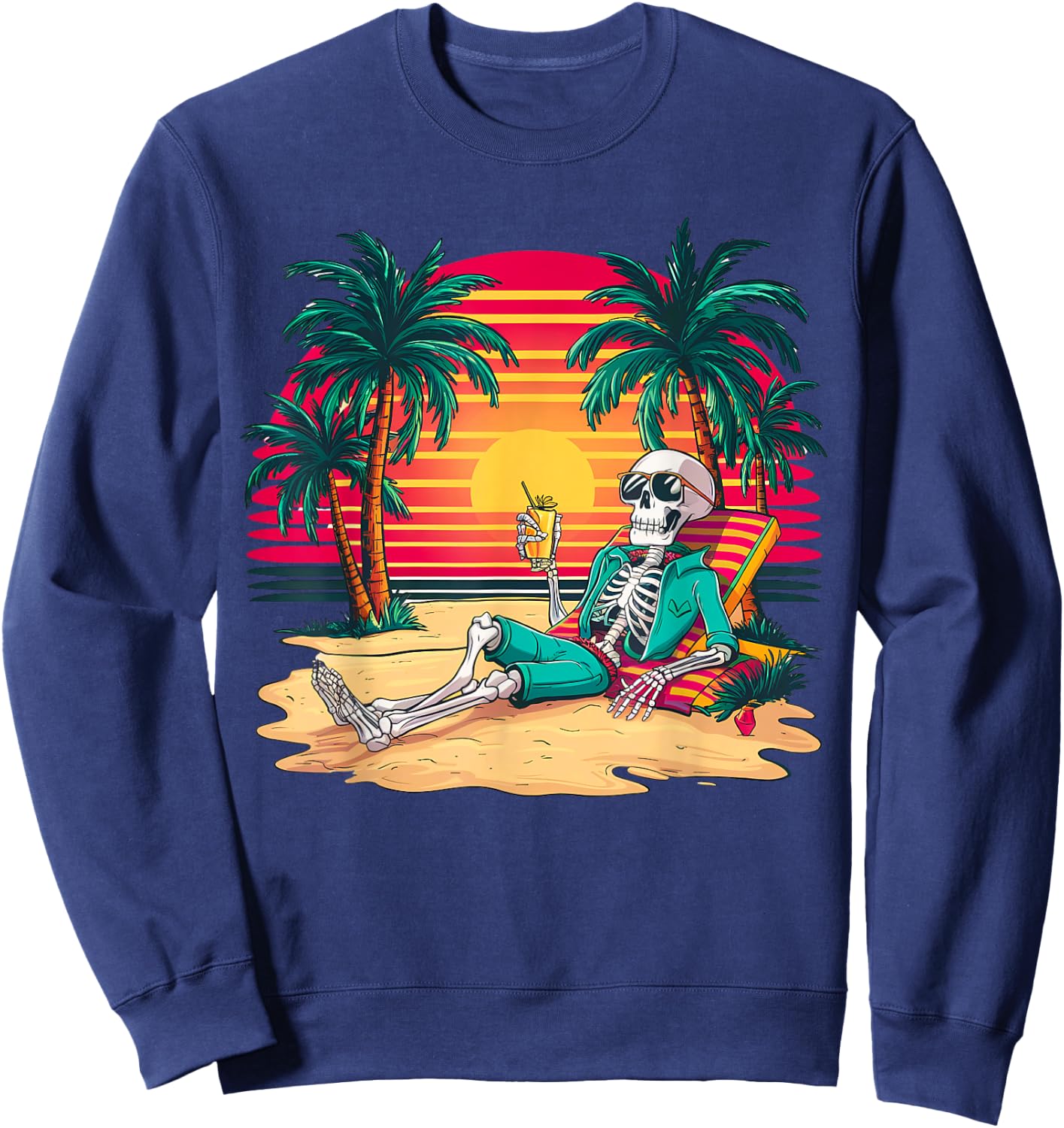 Funny Skeleton On Tropical Island Beach Retro Women Kids Sweatshirt - Sweatshirt | Navy