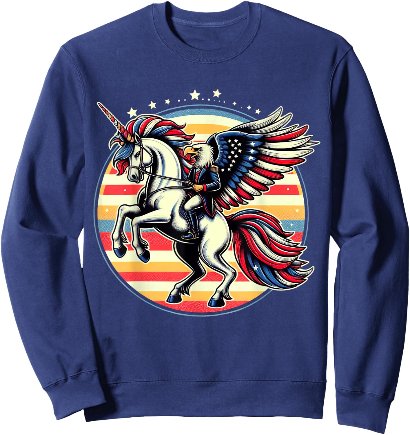Bald Eagle Riding Unicorn 4th Of July American Flag Women Kids Men Sweatshirt - Sweatshirt | Navy