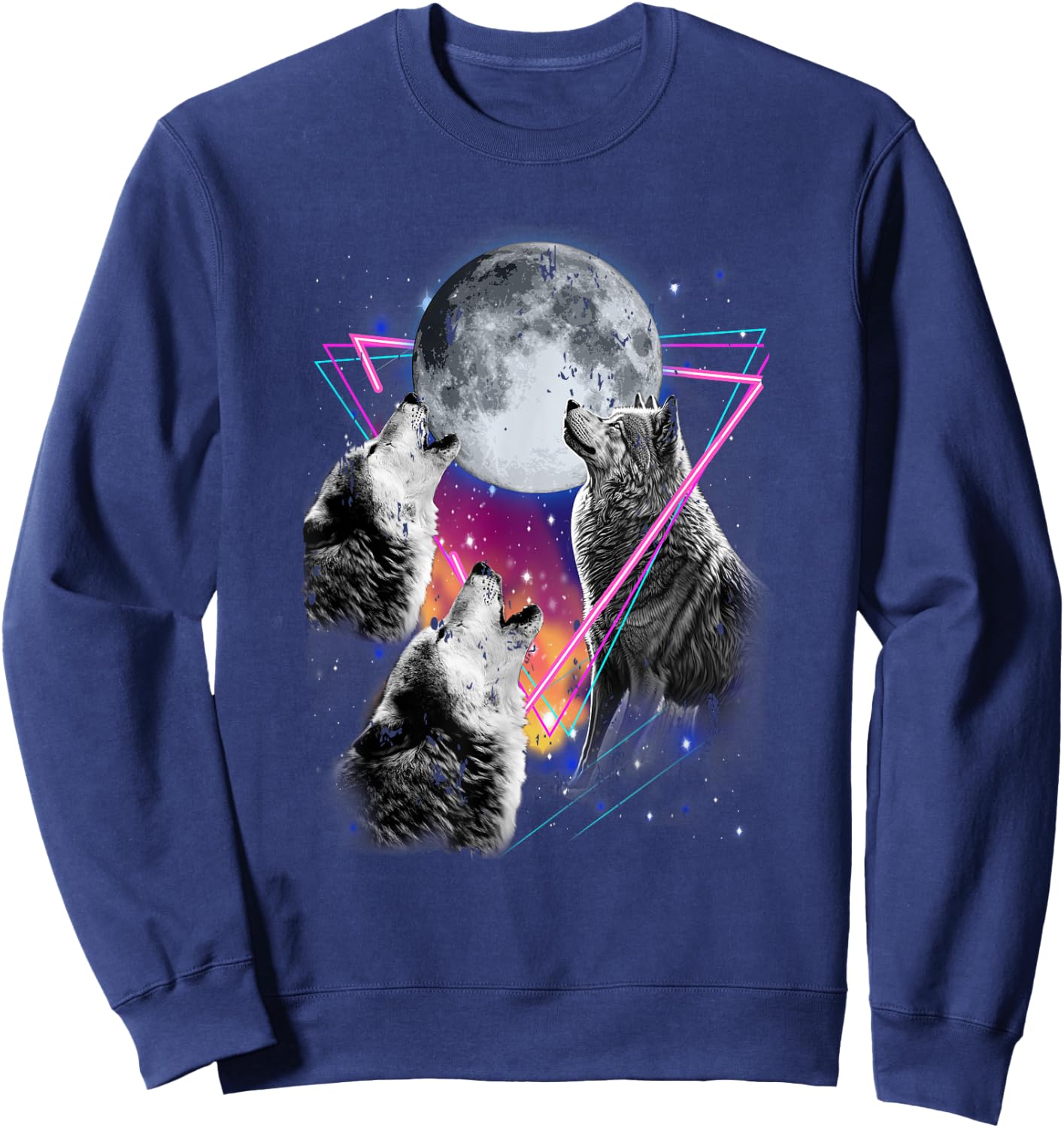 Epic 3 Wolves Howling At Moon 80s Style Wolf Sweatshirt - Sweatshirt | Navy
