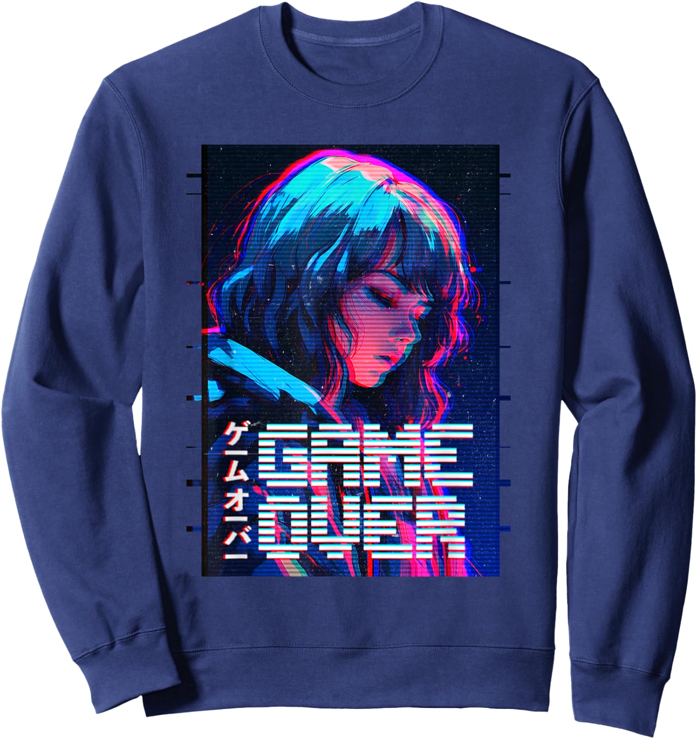 Game Over Sad Japanese Anime Girl Vaporwave Aesthetic Sweatshirt - Sweatshirt | Navy