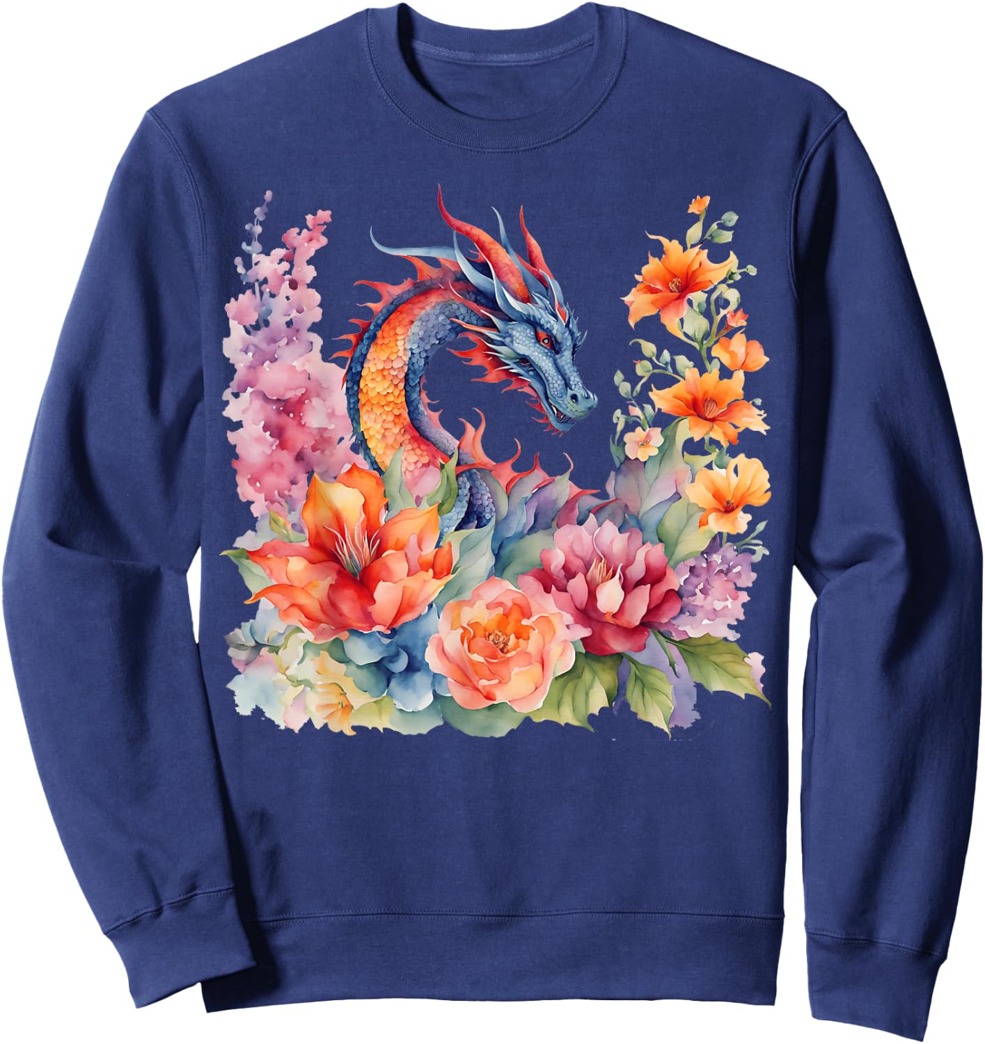 Watercolor Dragon Flowers Beautiful Art Colorful Graphic Sweatshirt - Sweatshirt | Navy