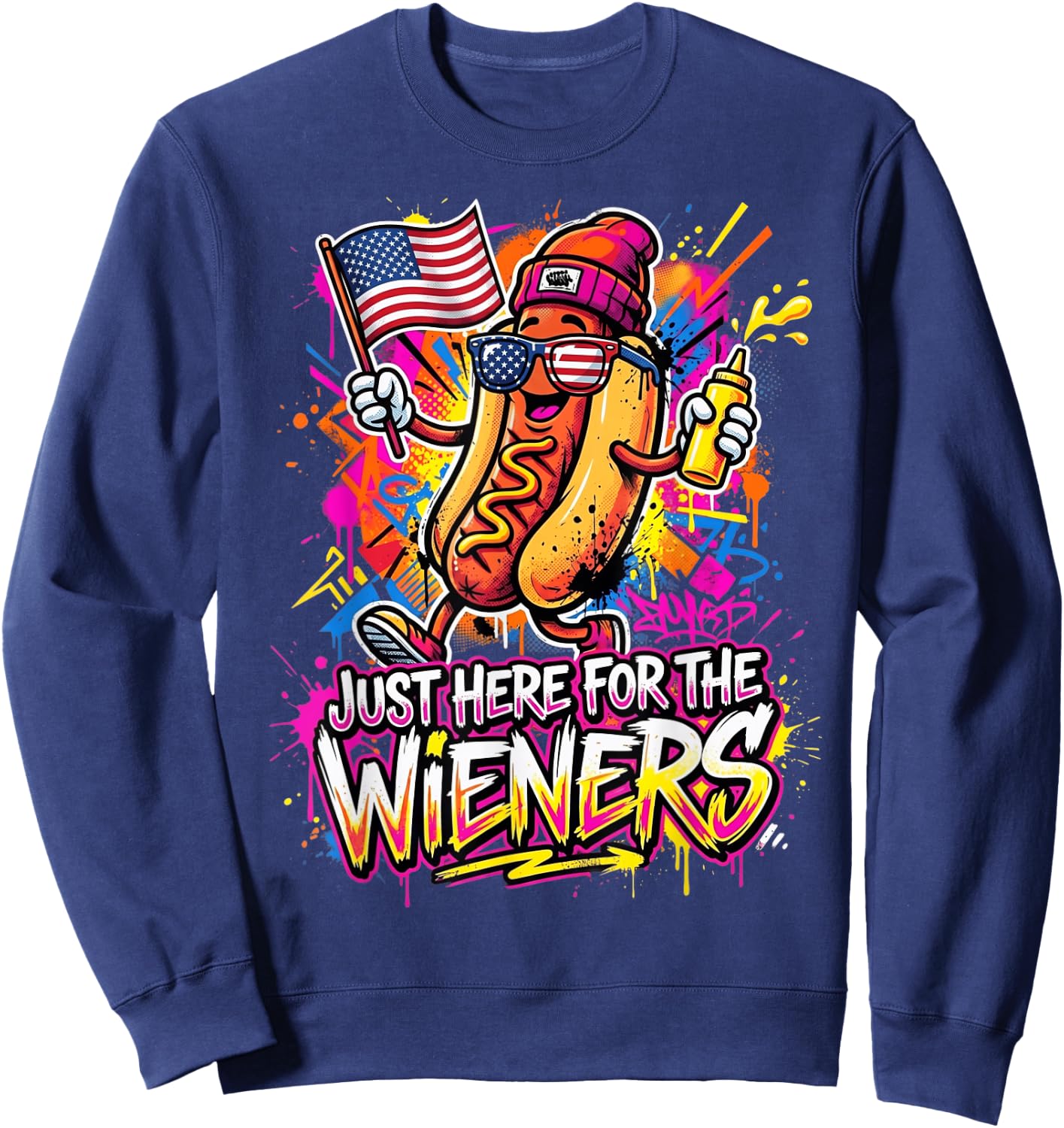 Funny Hot Dog I'm Just Here for The Wieners Fourth of July Sweatshirt - Sweatshirt | Navy