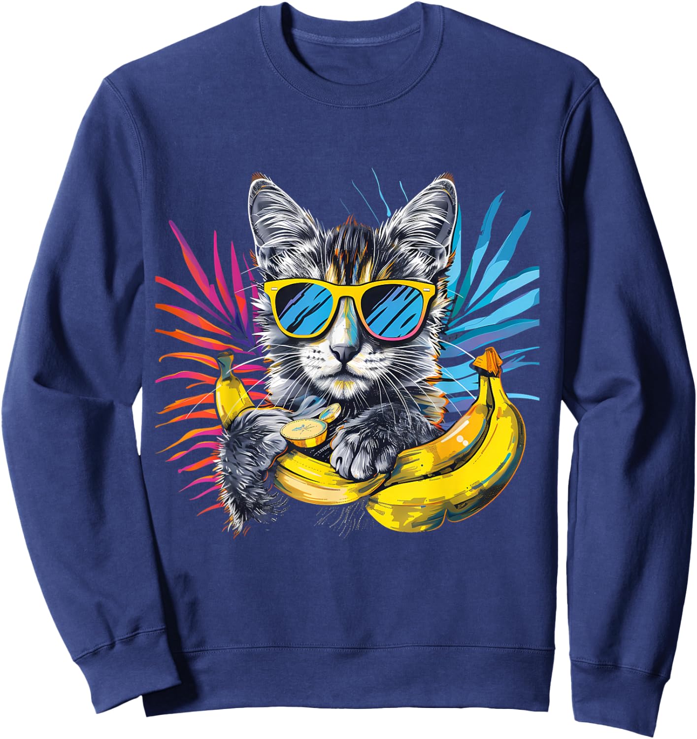 Banana Cat Colourful Sunglasses Artwork Banana Fruits Sweatshirt - Sweatshirt | Navy