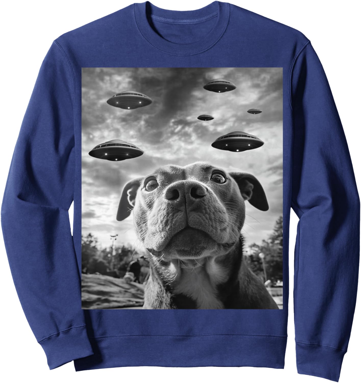Funny Dog Pitbull Selfie with UFOs Alien Novelty Sweatshirt - Sweatshirt | Navy