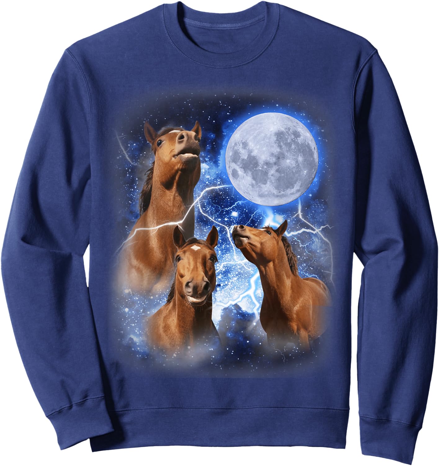 3 Horses Moon Howl at the Moon Majestic Equestrian Mountain Sweatshirt - Sweatshirt | Navy