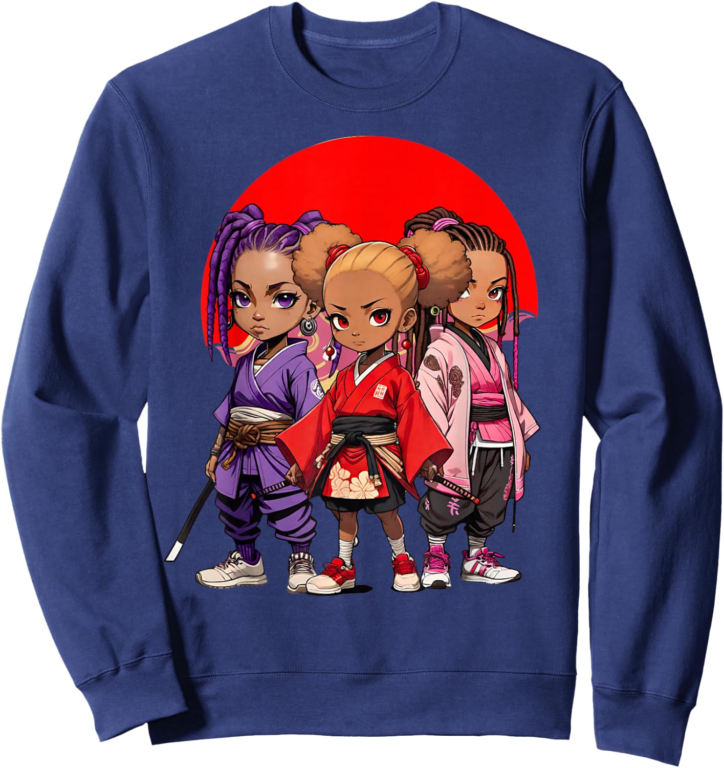 Samurai Girls Anime Afro | Japanese Retro Style Natural Hair Sweatshirt - Sweatshirt | Navy