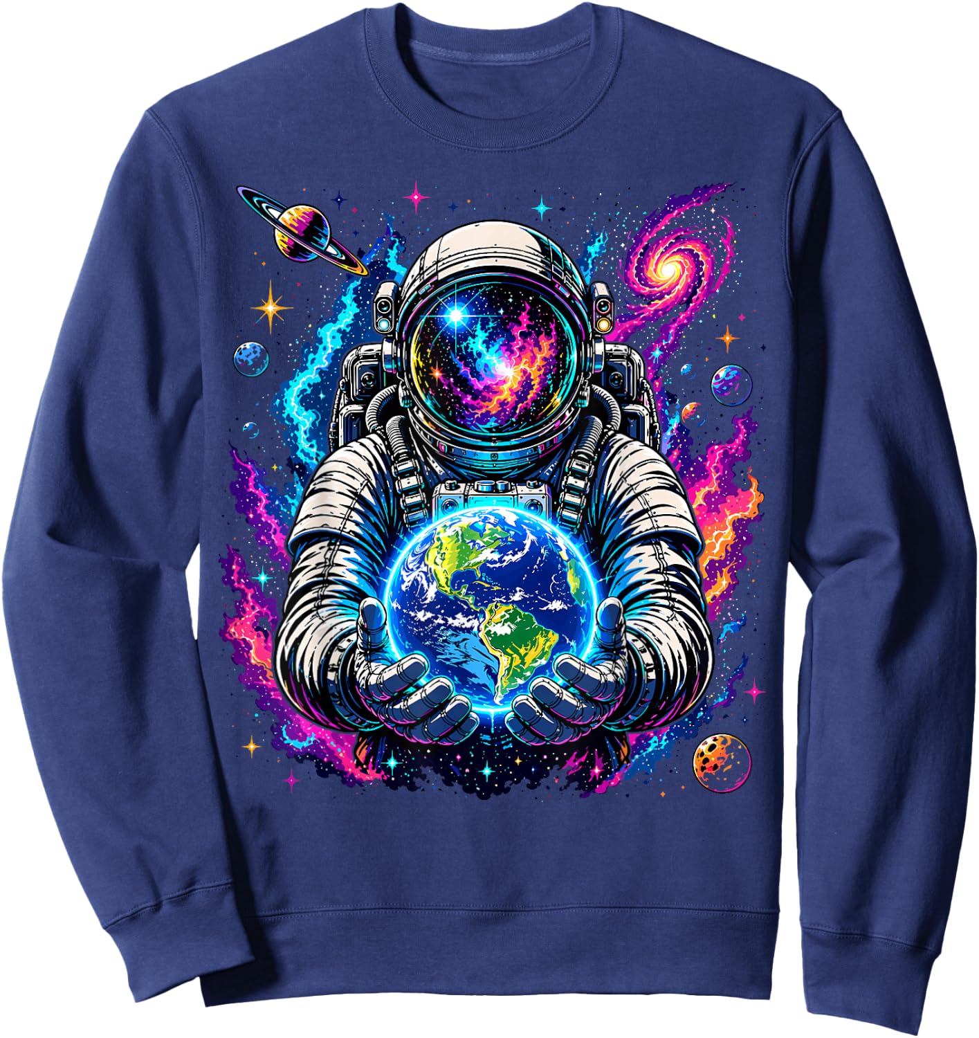 Astronaut Holding Planet Space Science Sweatshirt - Sweatshirt | Navy