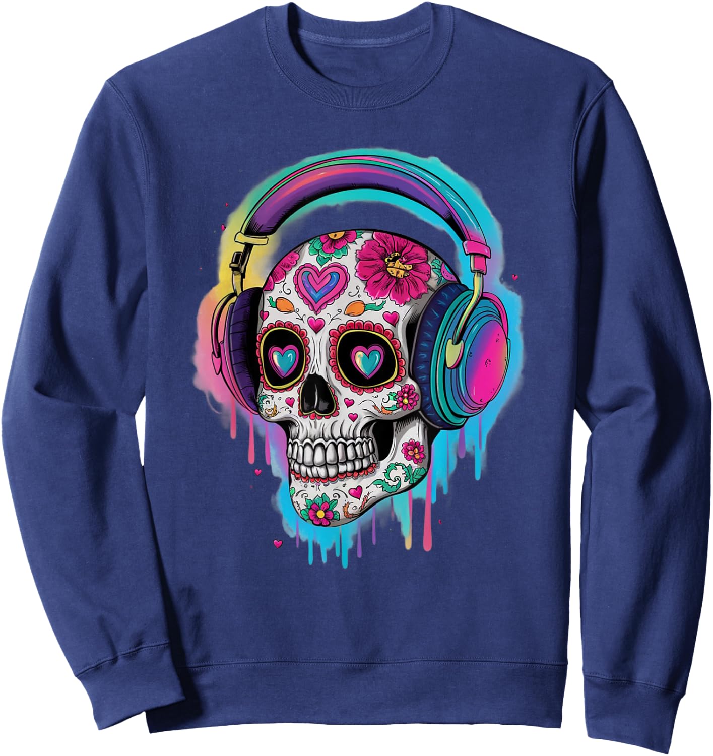 Sugar Skull Headphones Day of Dead Halloween Dia De Muertos Sweatshirt - Sweatshirt | Navy
