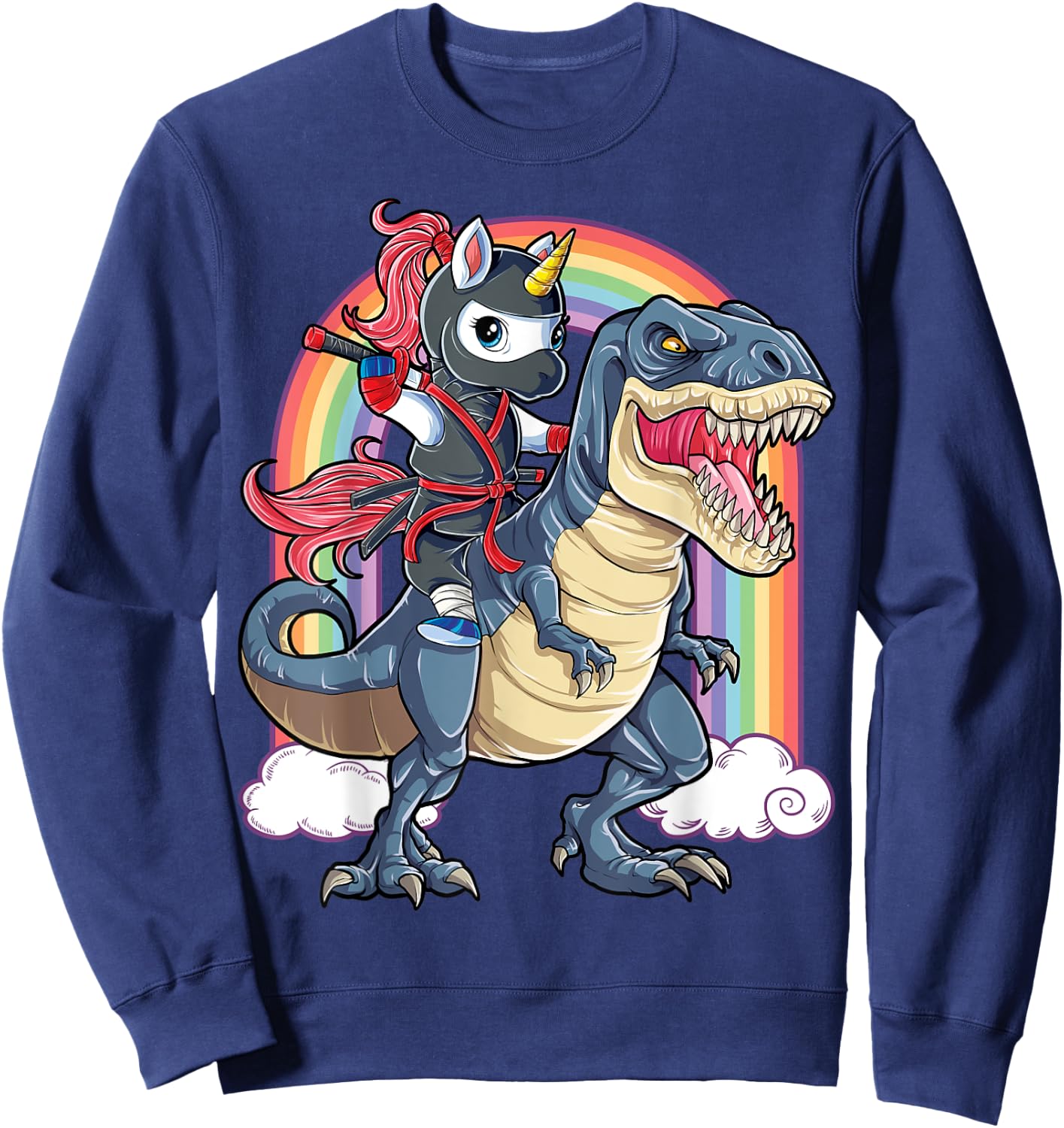 Ninja Unicorn Riding Dinosaur T rex Funny Men Women Rainbow Sweatshirt - Sweatshirt | Navy