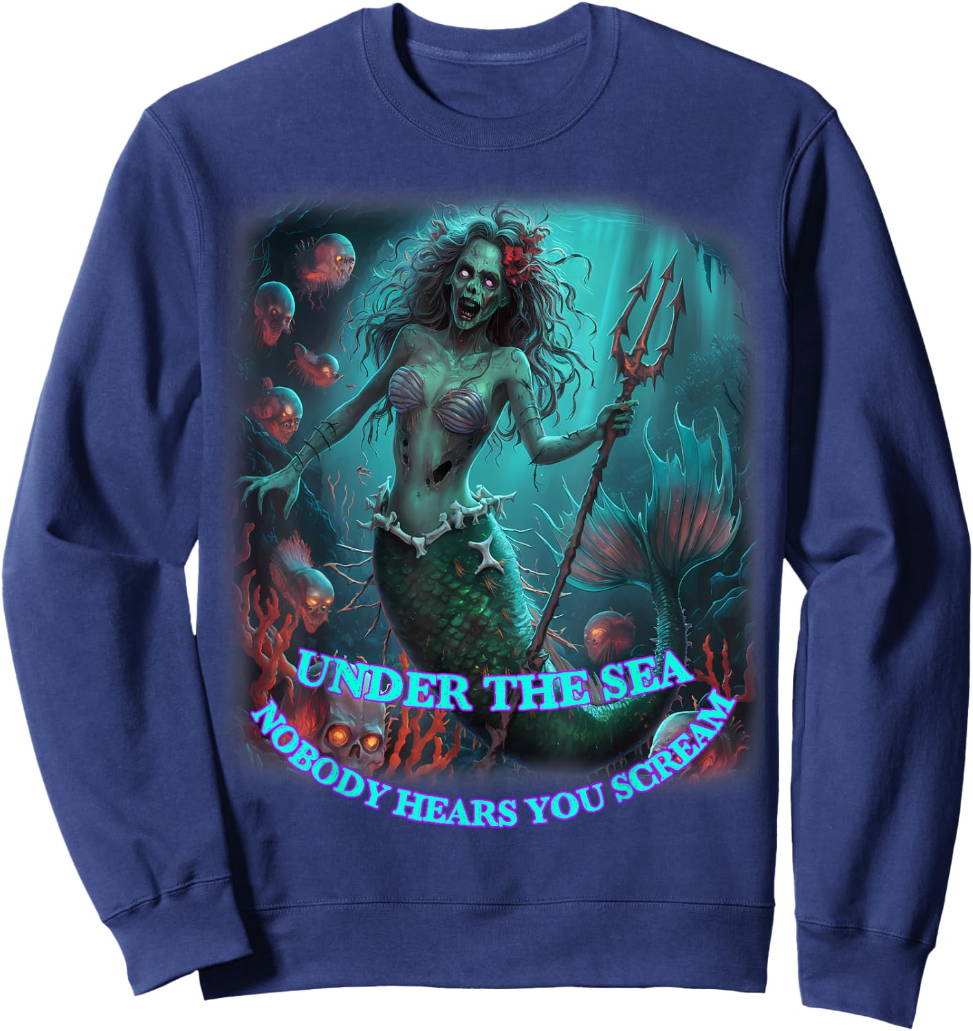 Zombie Mermaid Halloween Spooky Skulls Mermaids Fantasy Sweatshirt - Sweatshirt | Navy