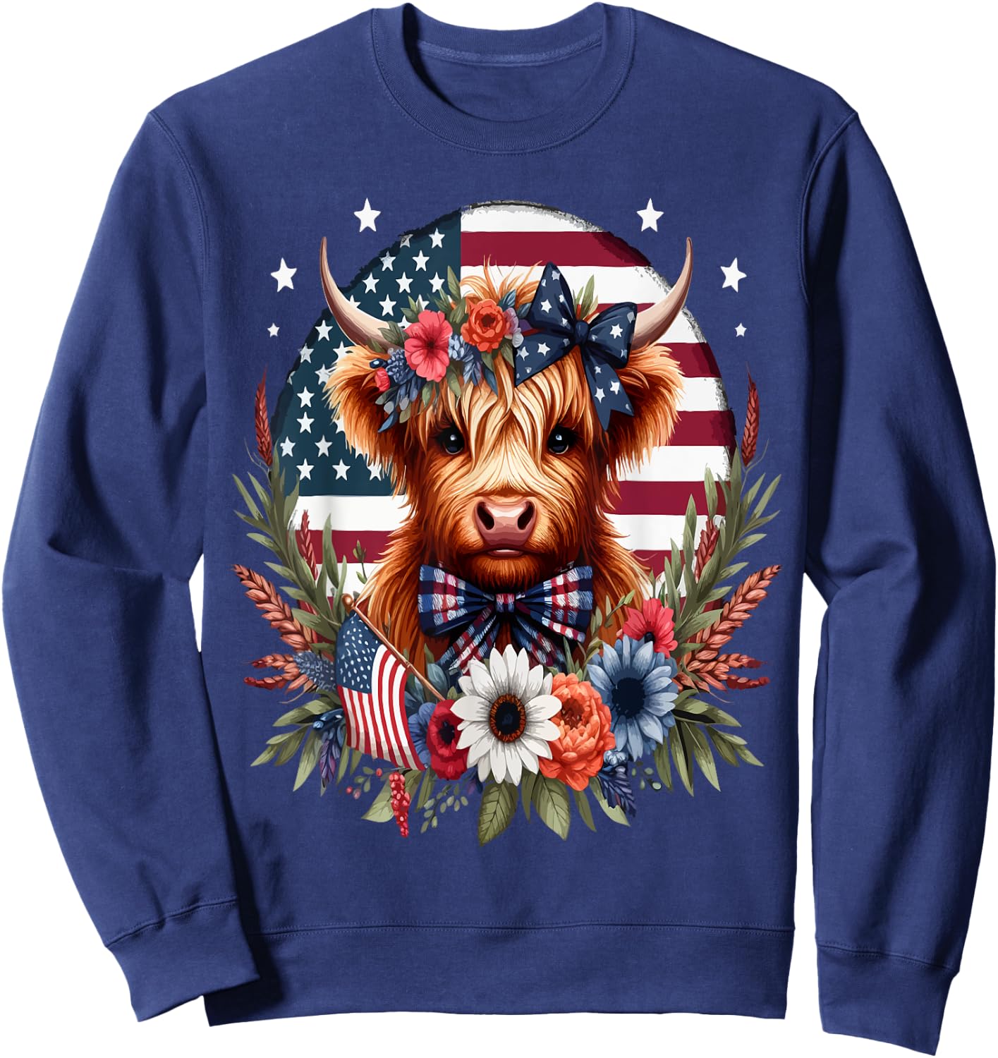 Cute Highland Cow Florals 4th of July USA Flag Patriotic Cow Men Sweatshirt - Sweatshirt | Navy