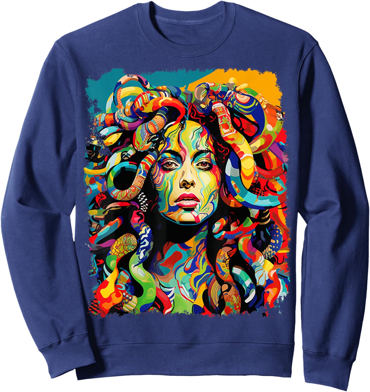 MythoThreads Women's Medusa Graphic - Black, Short Sleeve, Regular Fit, Small Sweatshirt - Sweatshirt | Navy