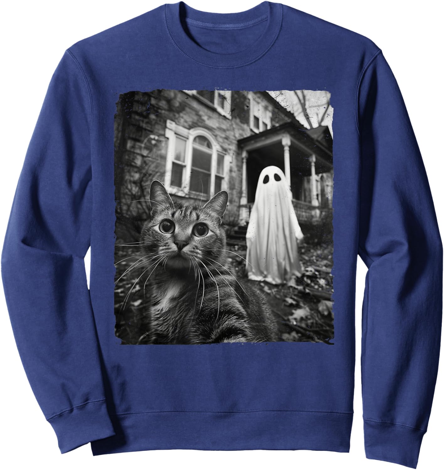 Funny Cat Selfie Ghost Halloween House Photo Haunted Spooky Women Kids Sweatshirt - Sweatshirt | Navy