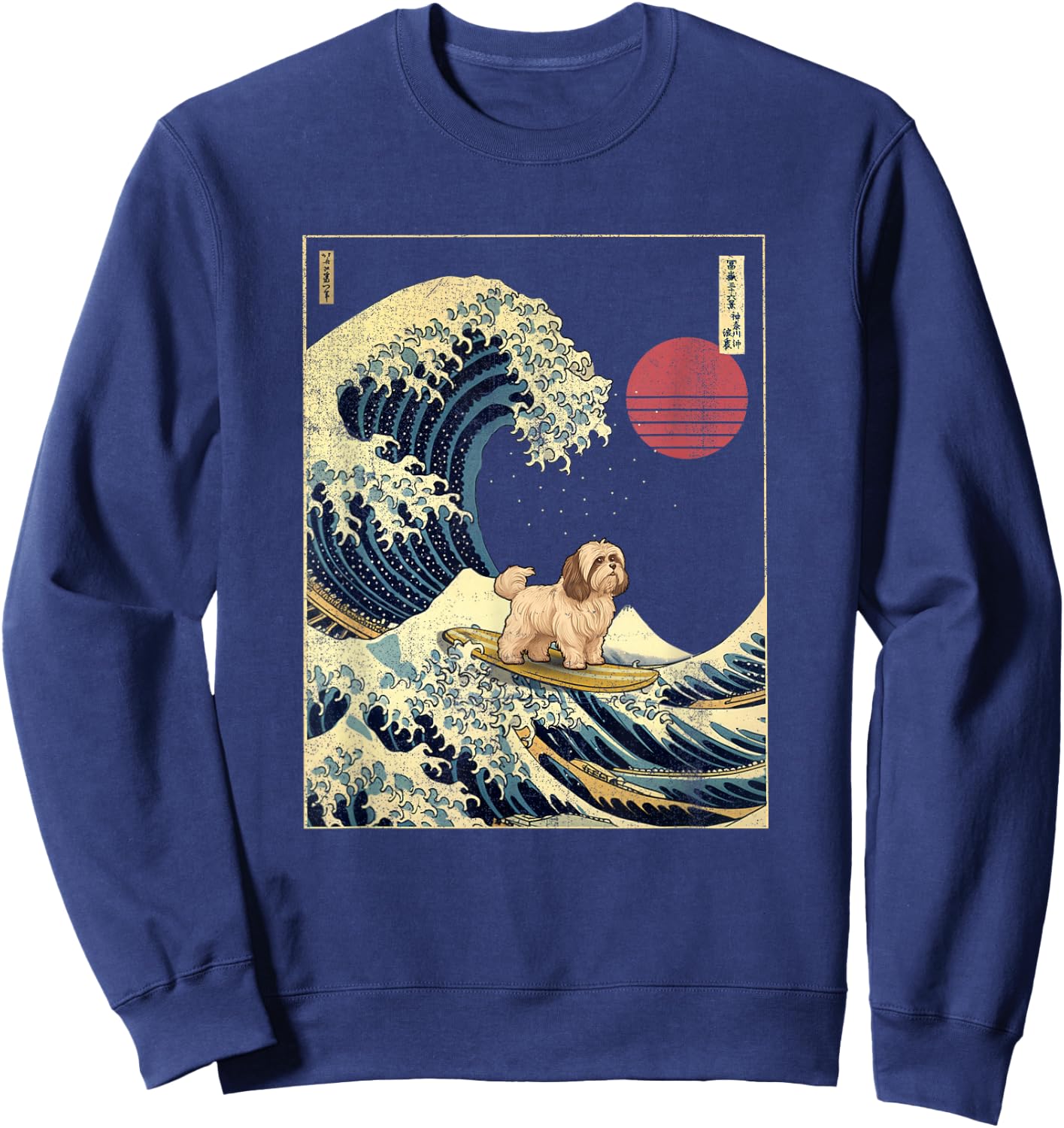 Havanese Japanese Kanagawa Wave Funny Surf Dog Sweatshirt - Sweatshirt | Navy