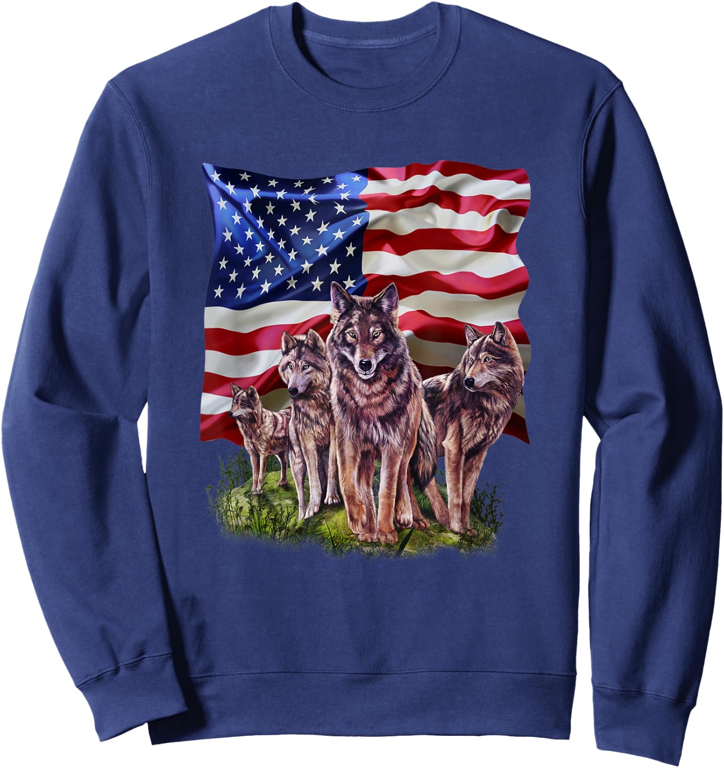Wolf Family with Flag of USA Sweatshirt - Sweatshirt | Navy