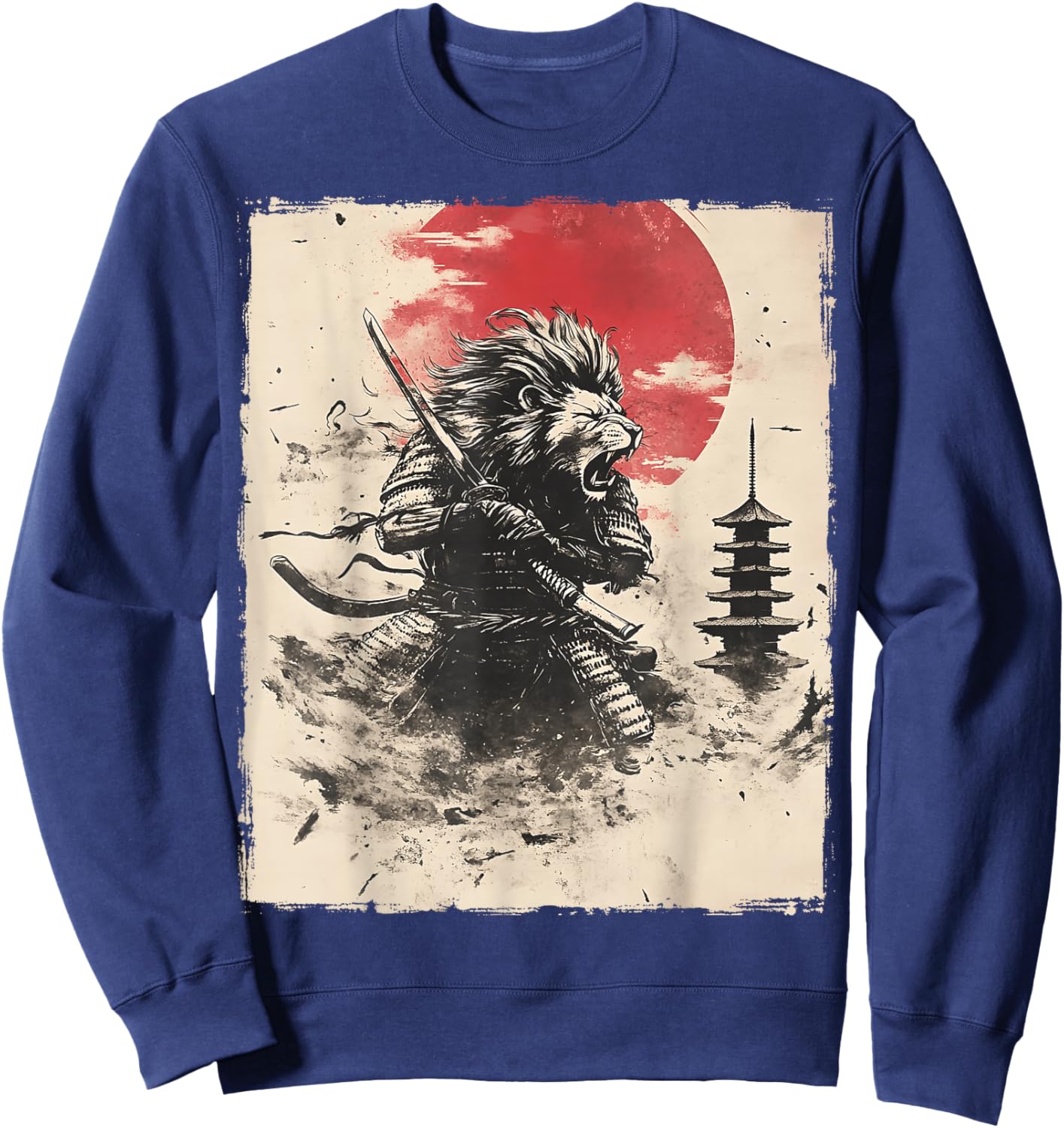 Samurai Lion Japanese Funny Vintage Ukiyo-e Art Sweatshirt - Sweatshirt | Navy