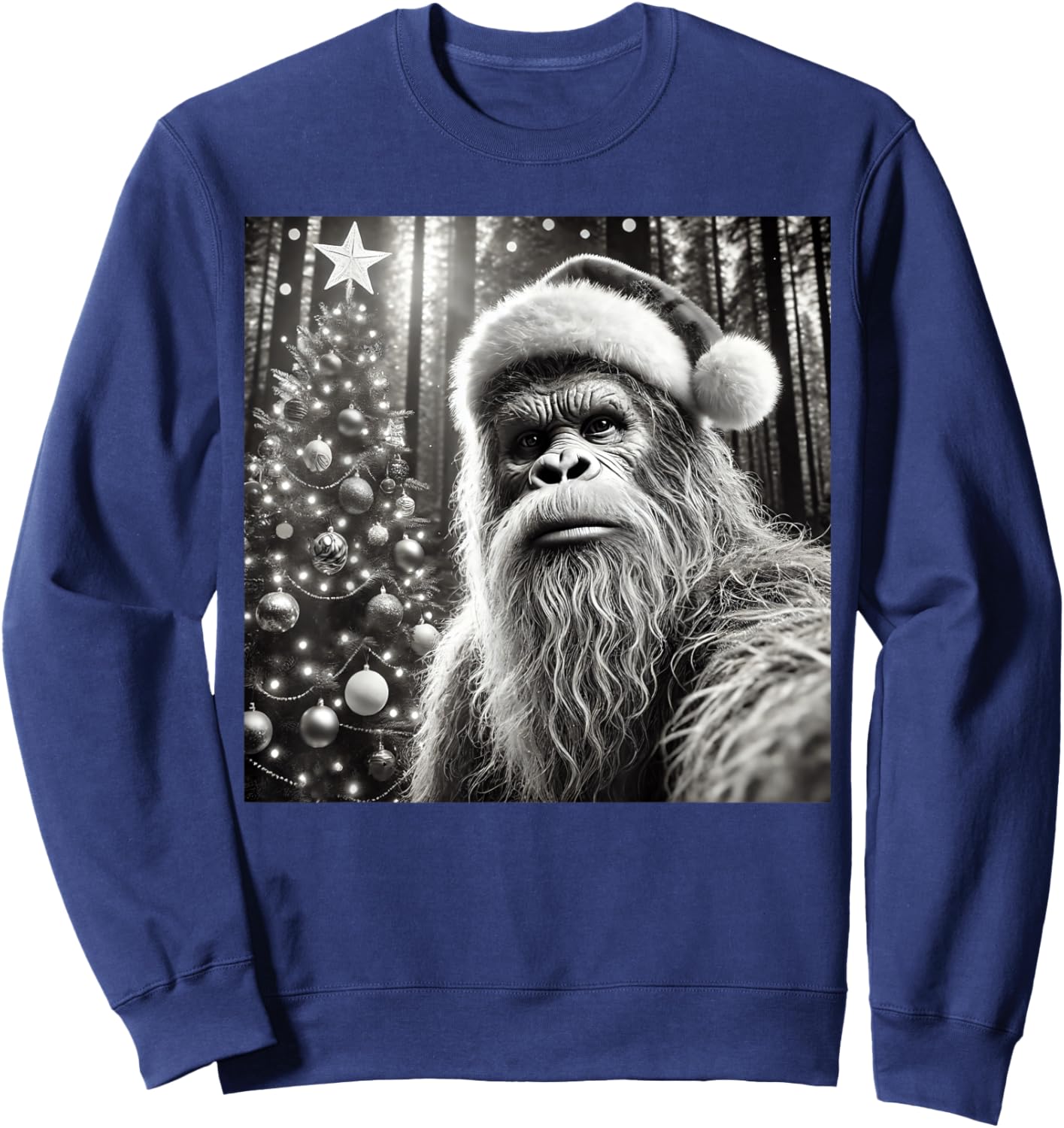 Funny Christmas Bigfoot -Adults Bigfoot Selfie with Christmas Tree Funny Sasquatch Design Black Short Sleeve Small Sweatshirt - Sweatshirt | Navy
