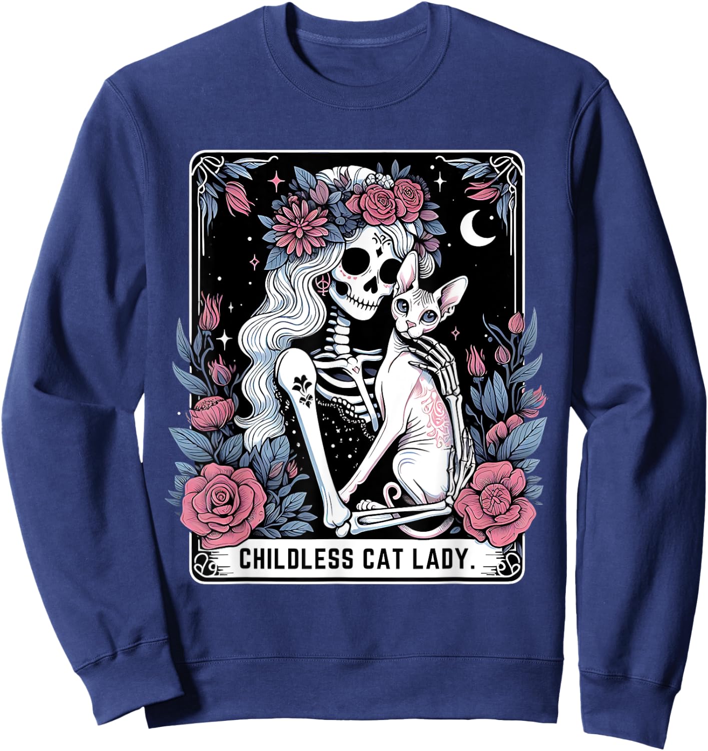 Childless Cat Lady Sphynx Tarot Card Cute Gothic Skeleton Sweatshirt - Sweatshirt | Navy