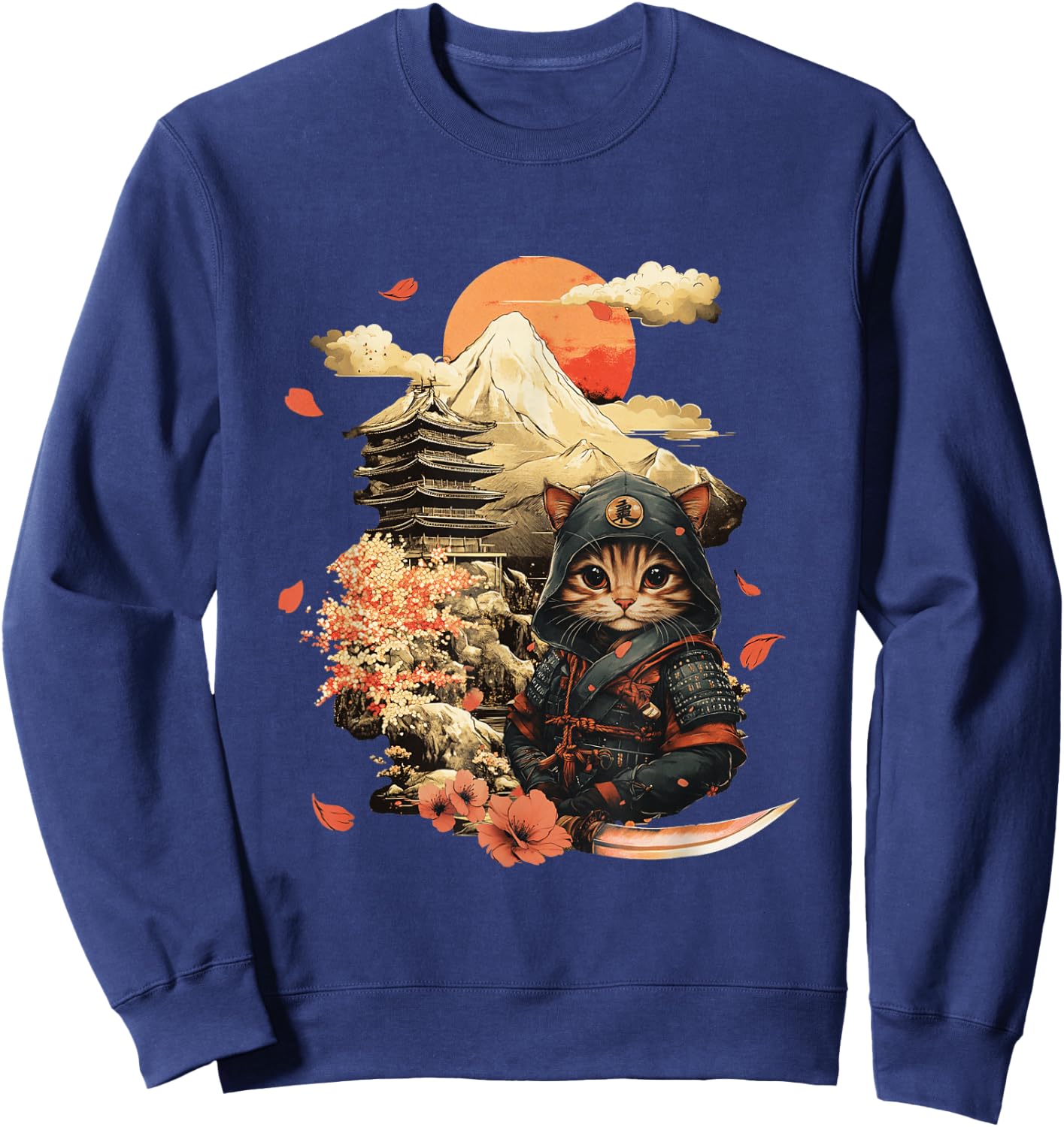 Vintage Japanese Samurai Ninja Cat Tattoo Kawaii Sweatshirt - Sweatshirt | Navy