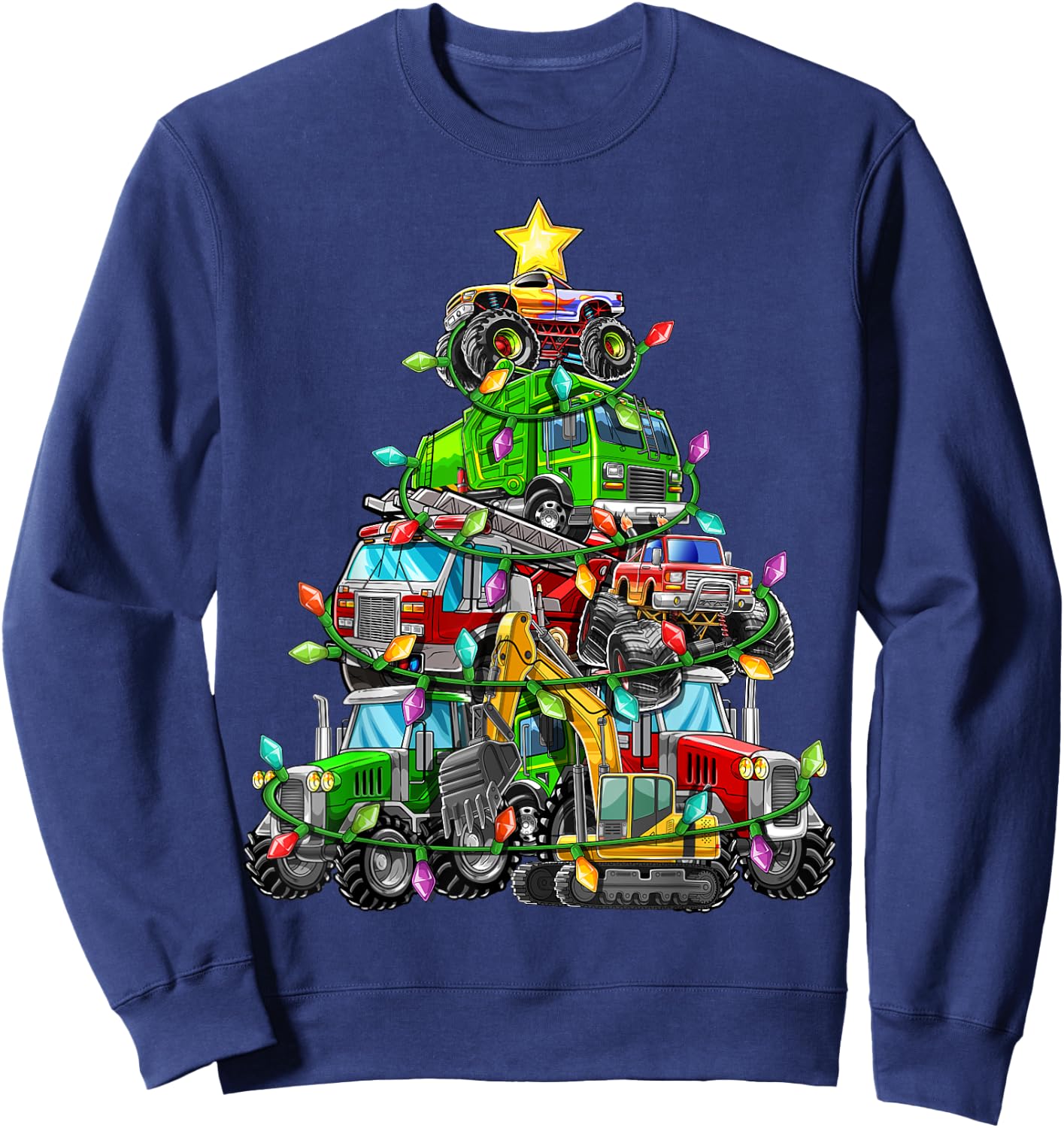 Christmas Tree Monster Truck Tractor Excavator Firetruck Boy Sweatshirt - Sweatshirt | Navy