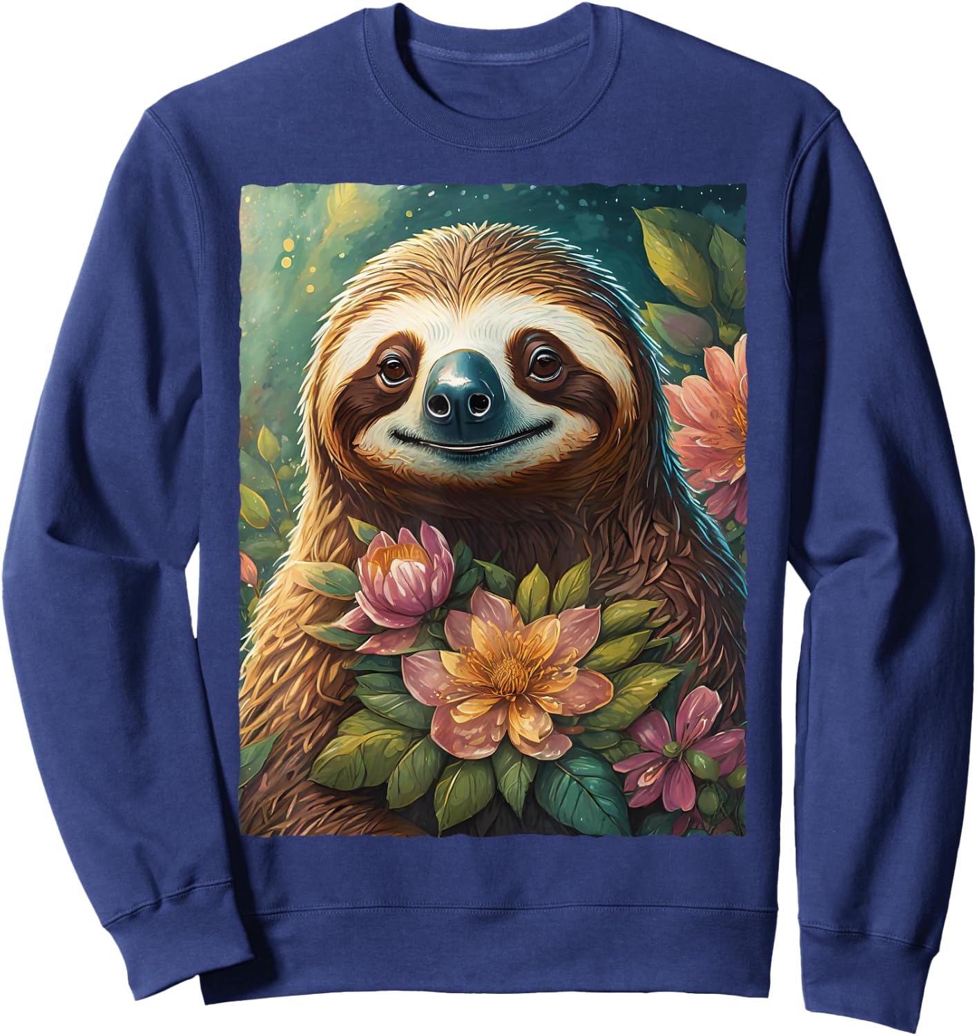 Cute Floral Sloth Watercolor Flowers Nature Animal Lover Sweatshirt - Sweatshirt | Navy