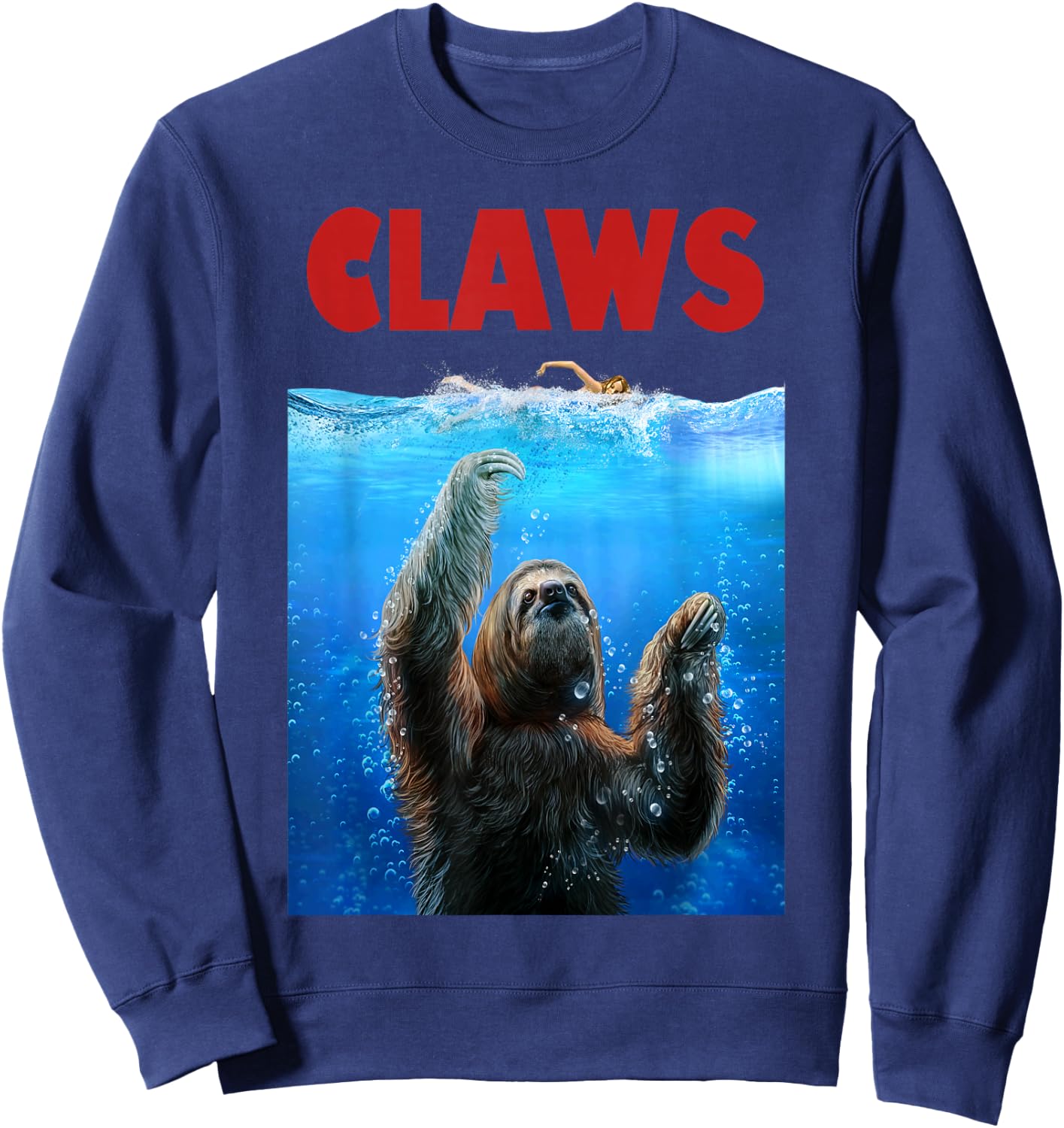 Giant Sloth Terrorizing Swimmer, Beware of Claws Sweatshirt - Sweatshirt | Navy