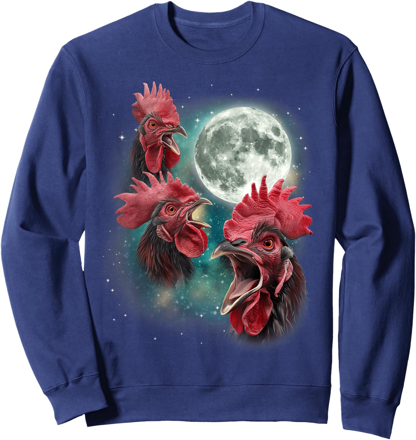 Three Rooster Moon | 3 Chickens Cluck At Moon Cursed Farm Sweatshirt - Sweatshirt | Navy