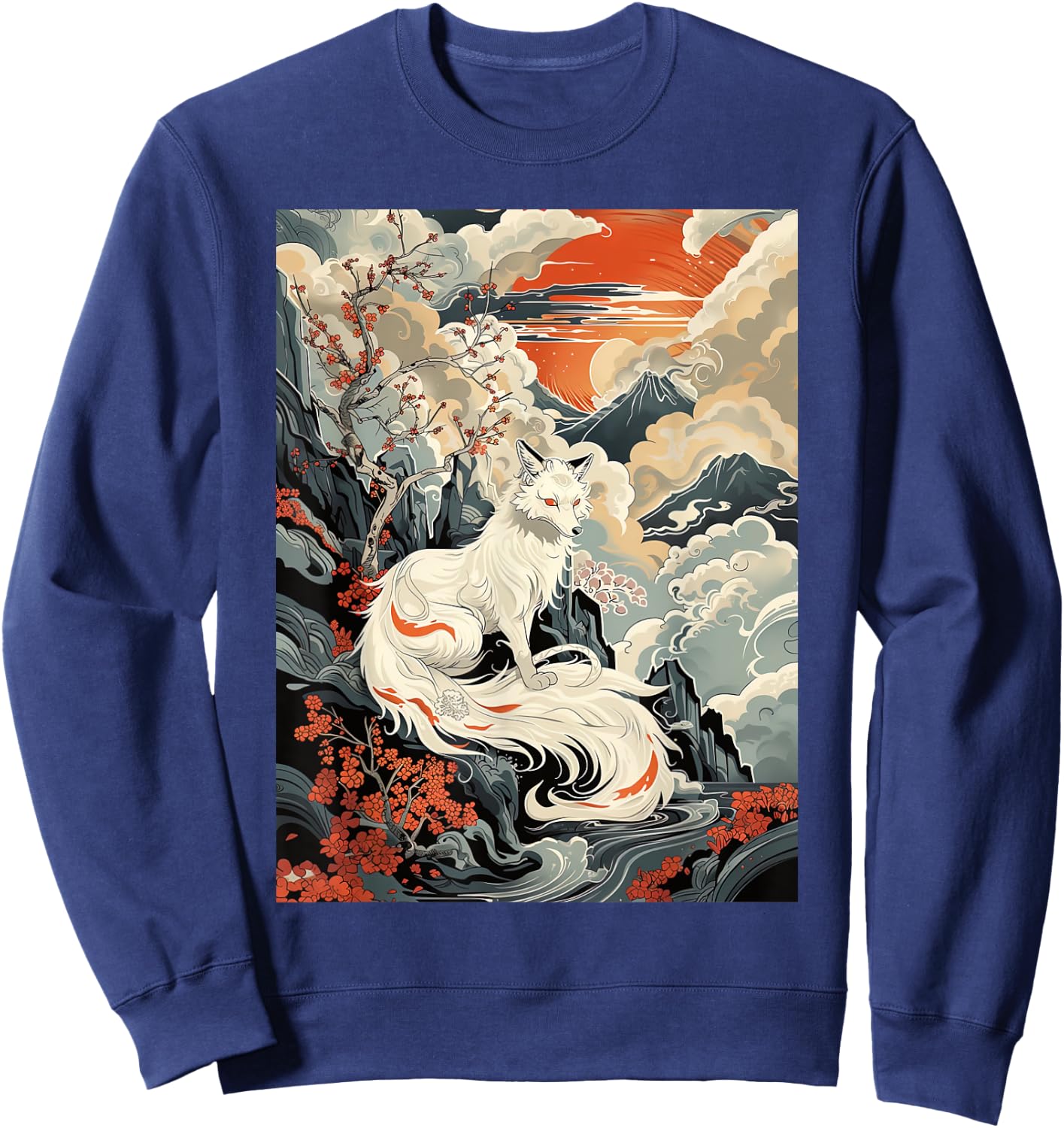 Vintage Japanese Woodblock Art Of Nine Tails Fox Kitsune Art Sweatshirt - Sweatshirt | Navy
