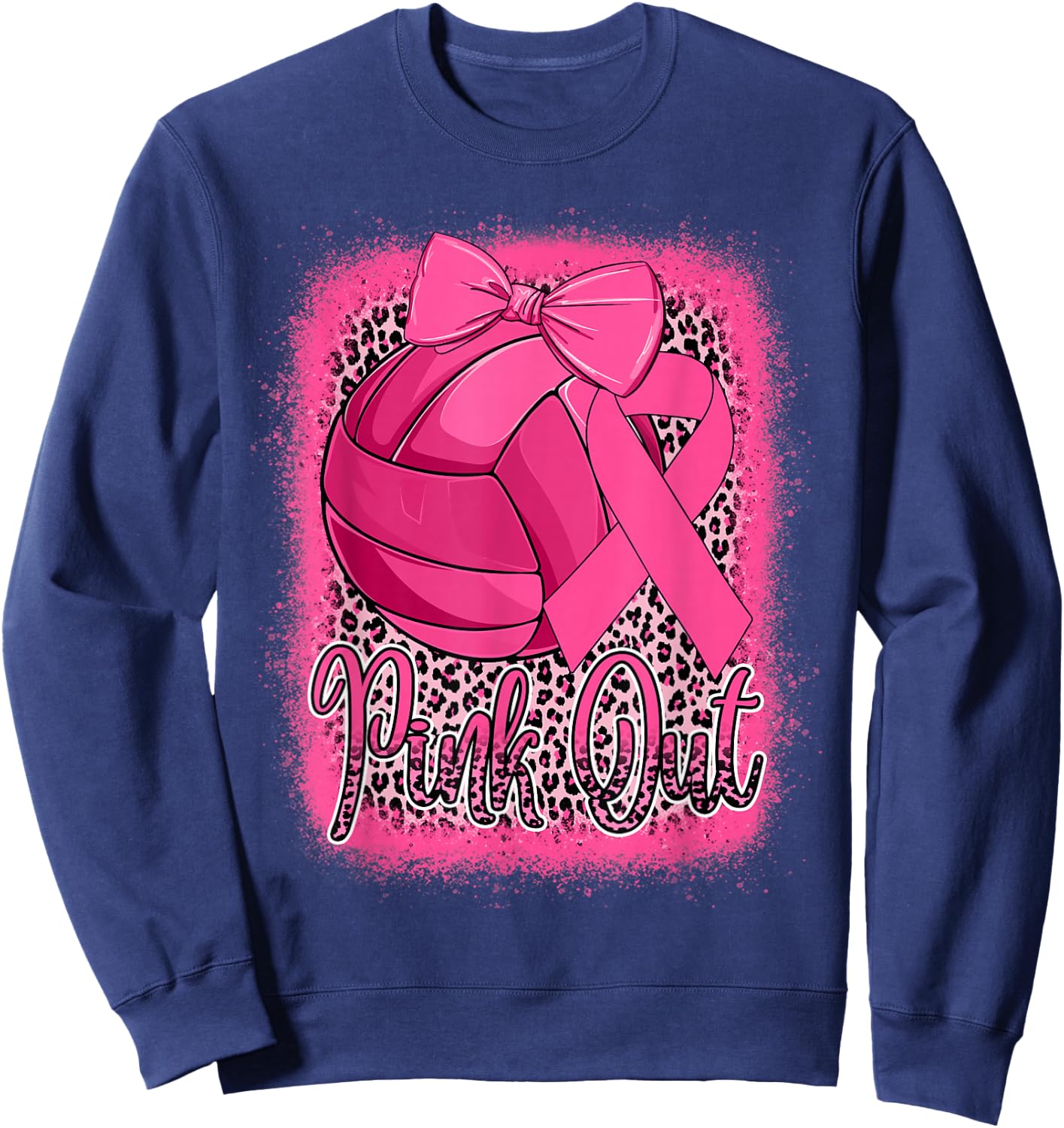 Pink Out Breast Cancer Awareness Volleyball Leopard Bleached Sweatshirt - Sweatshirt | Navy