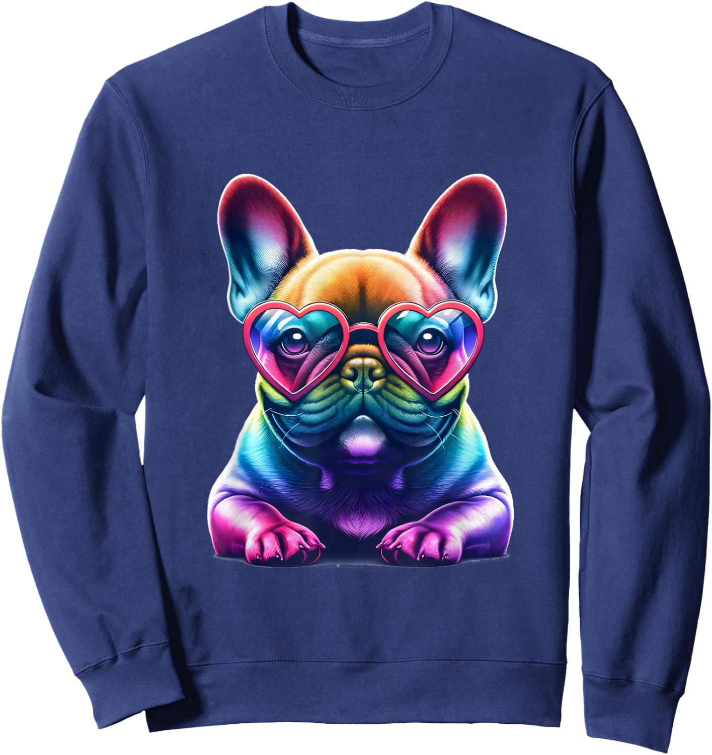 Rainbow Frenchie Wearing Heart Glasses Puppy Love Dog Funny Sweatshirt - Sweatshirt | Navy