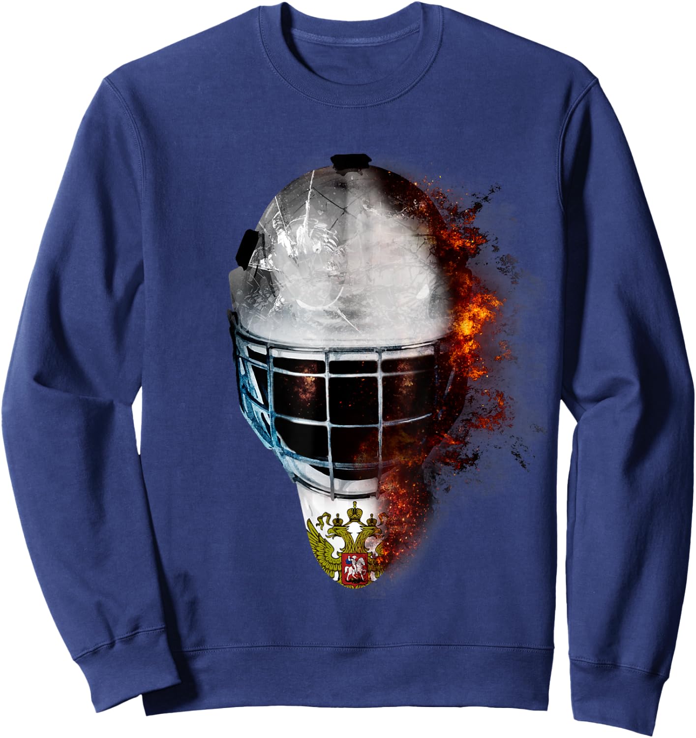 Russia Flag And Ice Hockey Goal Mask Fire Hockey Sweatshirt - Sweatshirt | Navy
