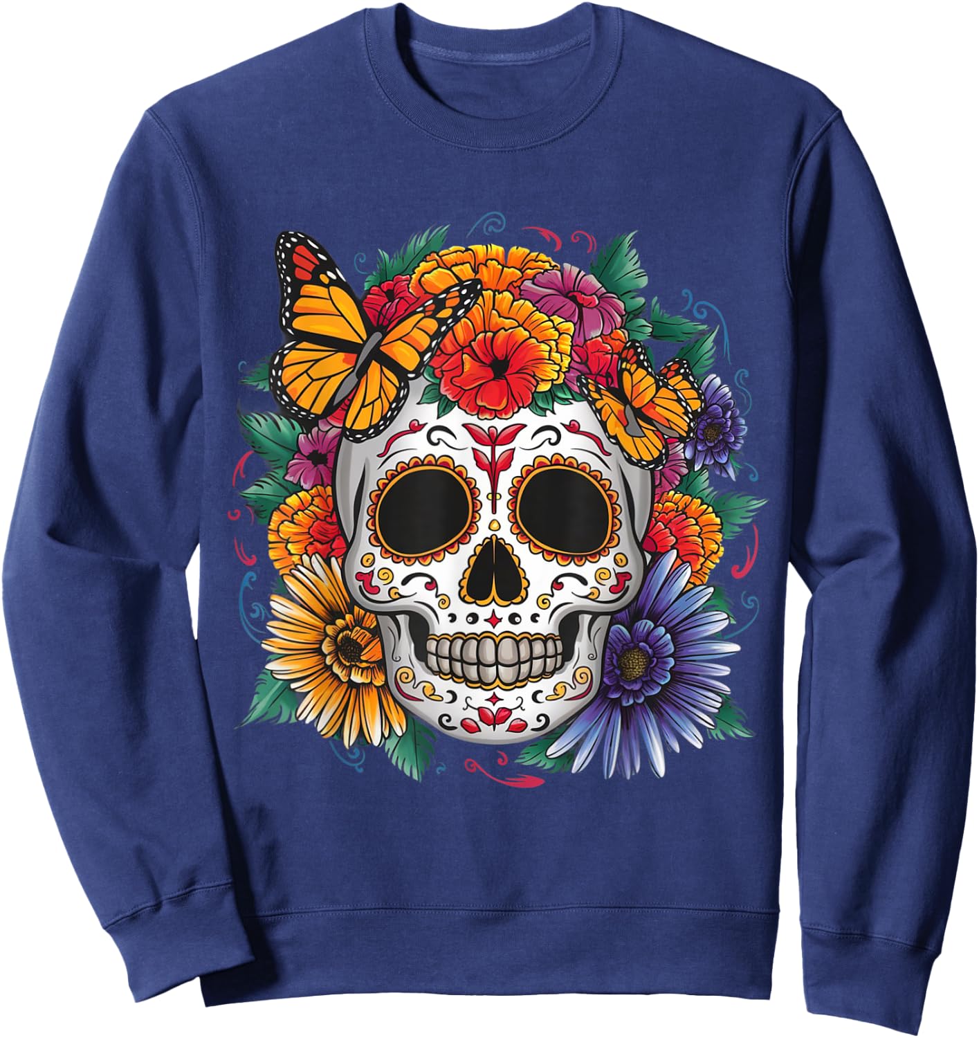 Sugar Skull Butterfly Day of Dead Halloween Dia De Muertos Sweatshirt - Sweatshirt | Navy
