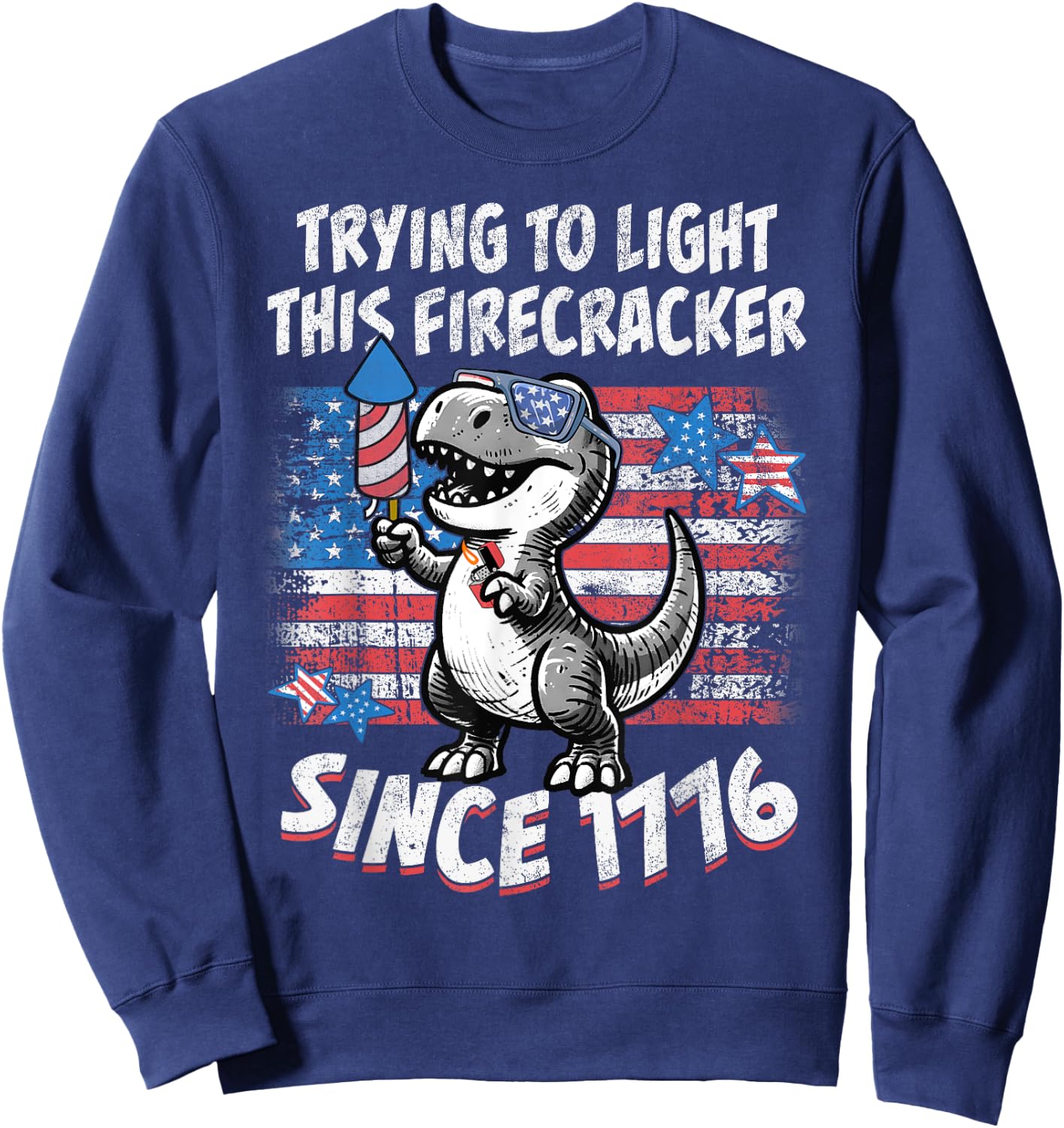 Funny Dino American Flag Firework T Rex Dinosaur 4th of July Sweatshirt - Sweatshirt | Navy