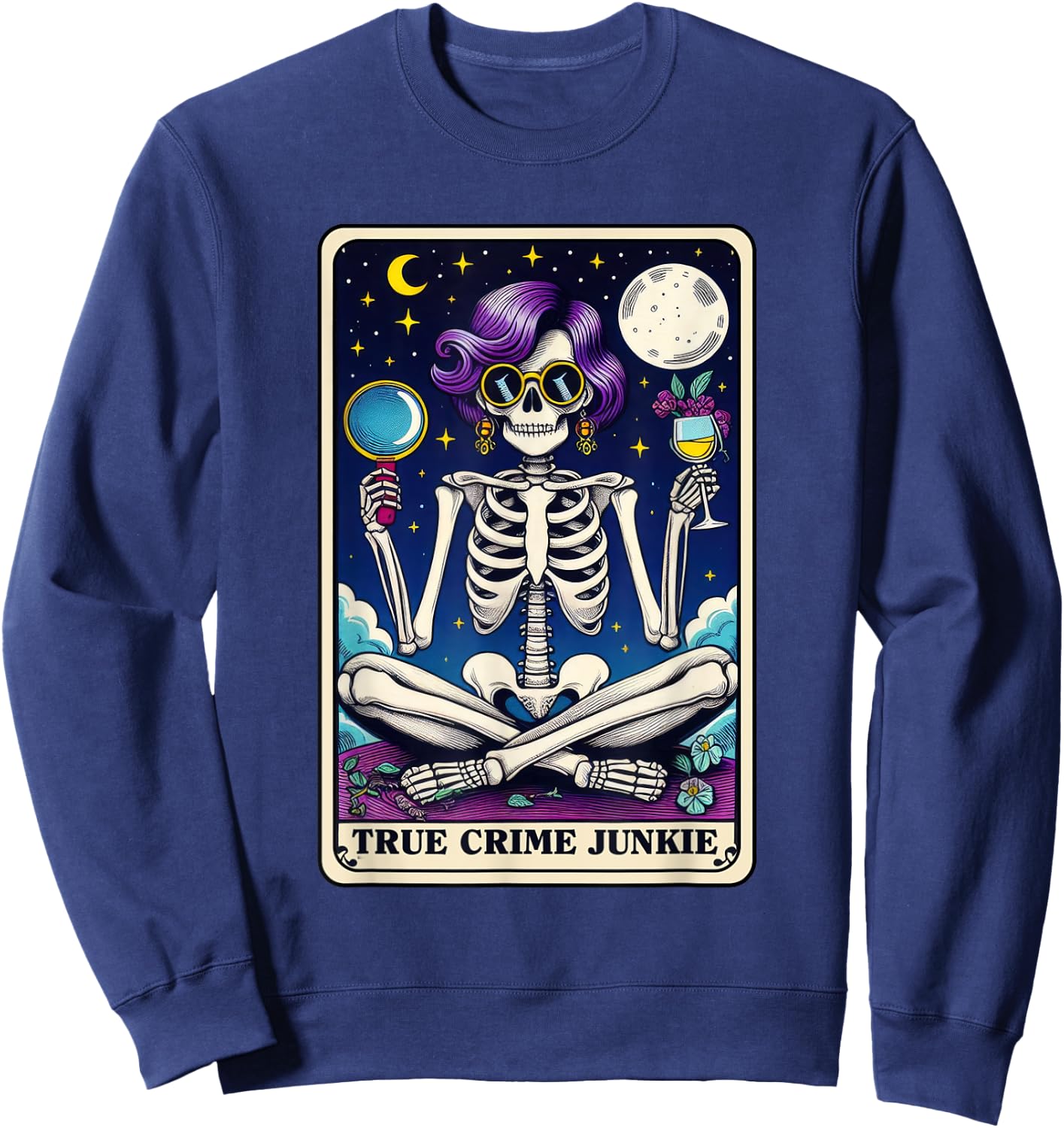 True Crime Junkie Funny Skeleton Tarot Card Sweatshirt - Sweatshirt | Navy