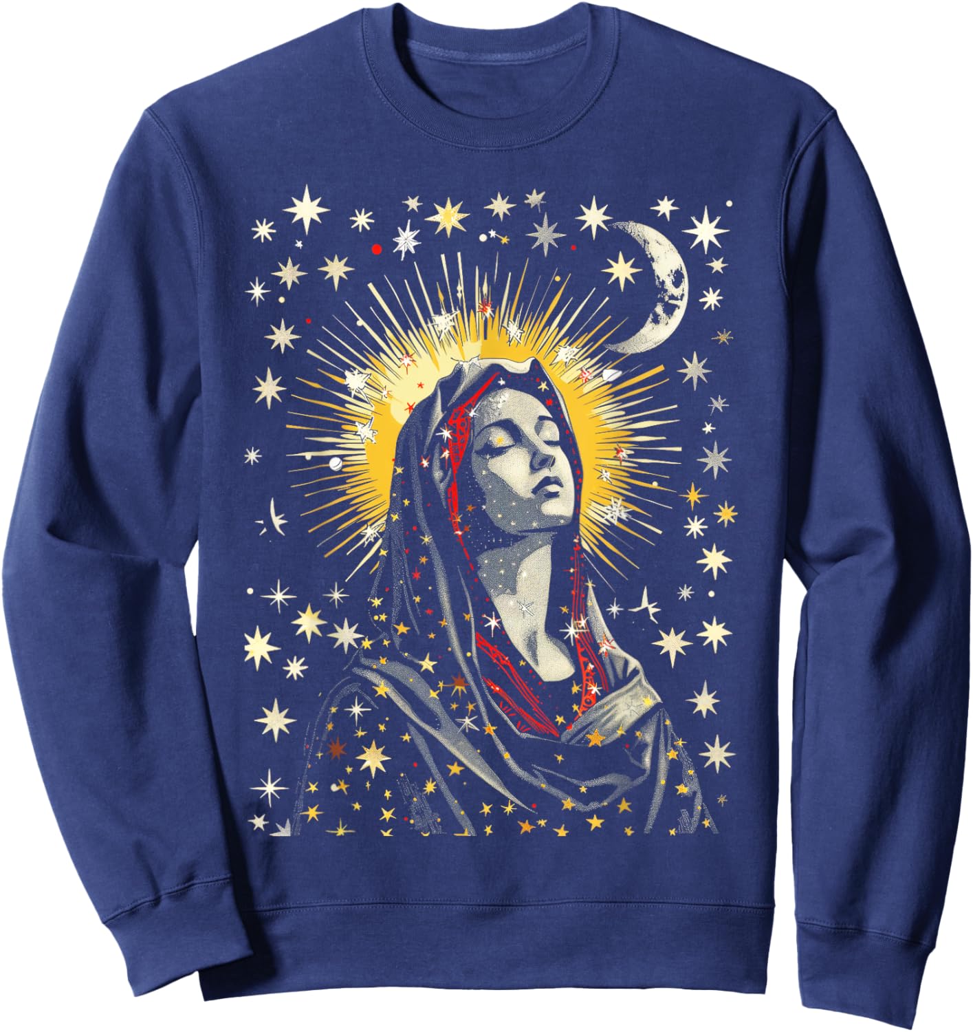 Virgin Mary Stars Moon Religious Saint Catholic Sweatshirt - Sweatshirt | Navy