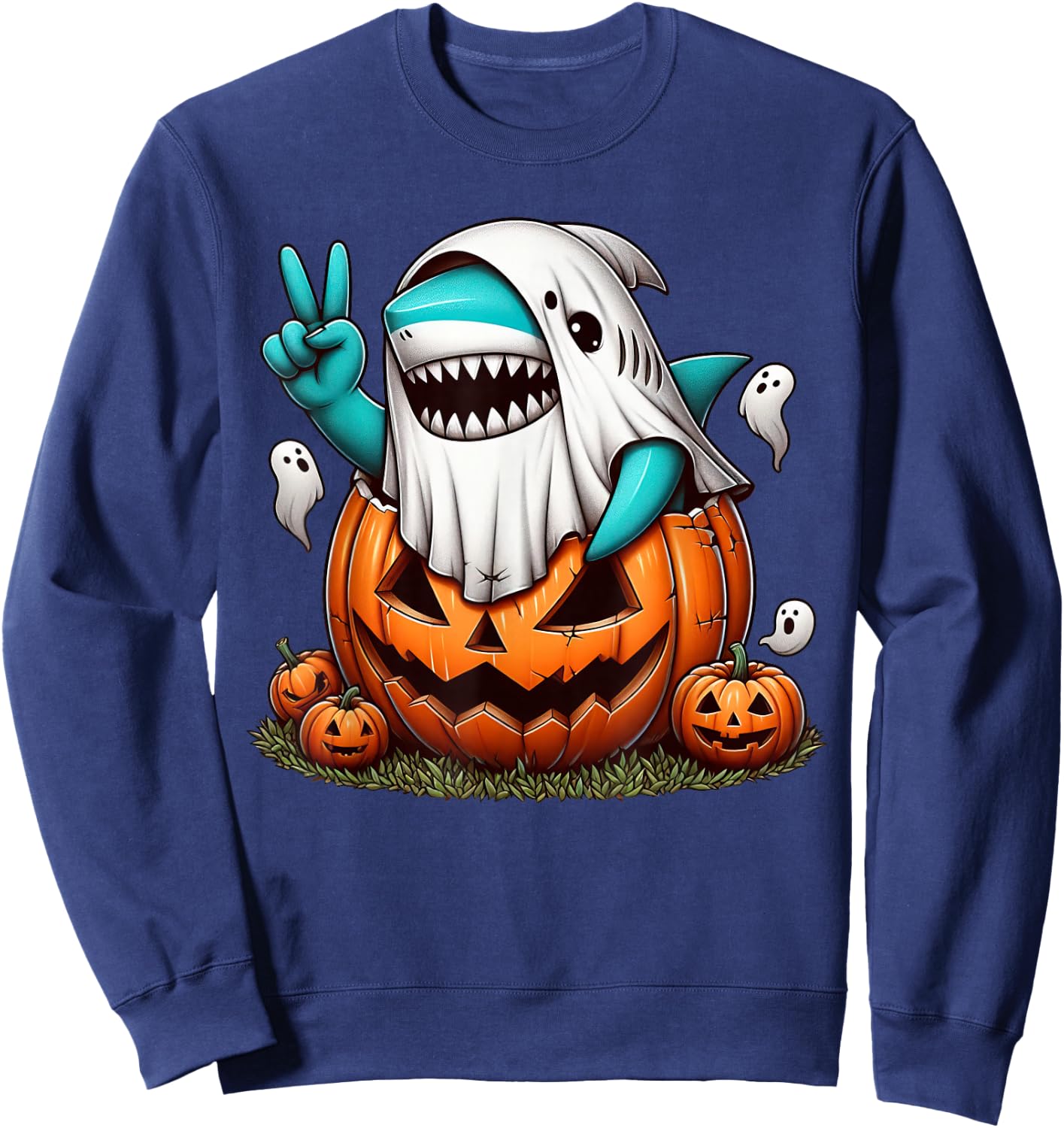 Funny Shark Boo Halloween Ghost Kids Sweatshirt - Sweatshirt | Navy
