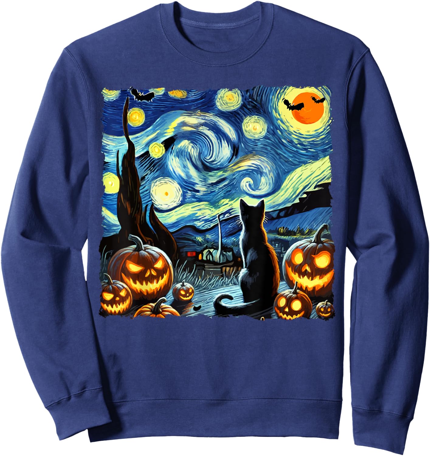 Halloween Van Gogh Starry Night Black Cat Men Women Kids Sweatshirt - Sweatshirt | Navy