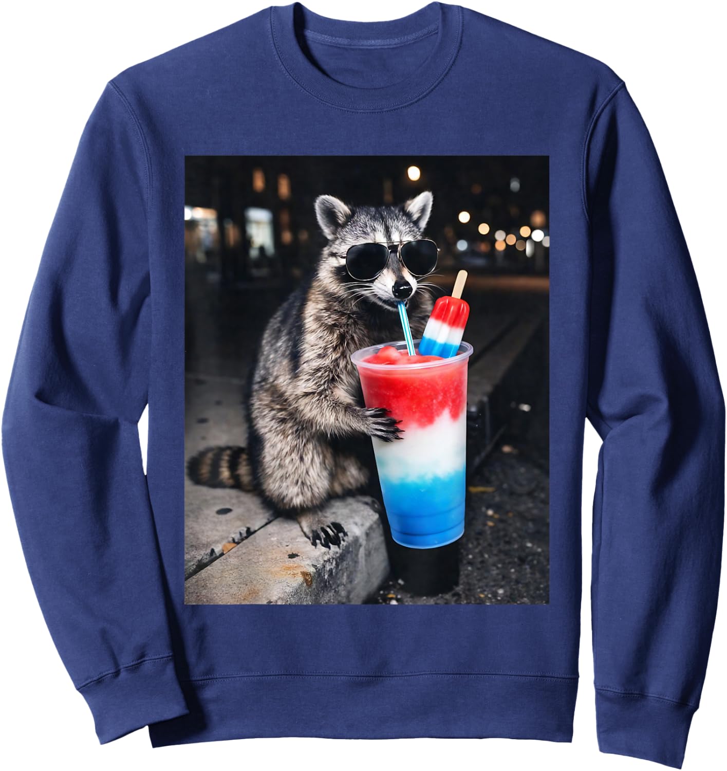 4th of July Raccoon Drinking Patriotic Slushie Popsicle Meme Sweatshirt - Sweatshirt | Navy