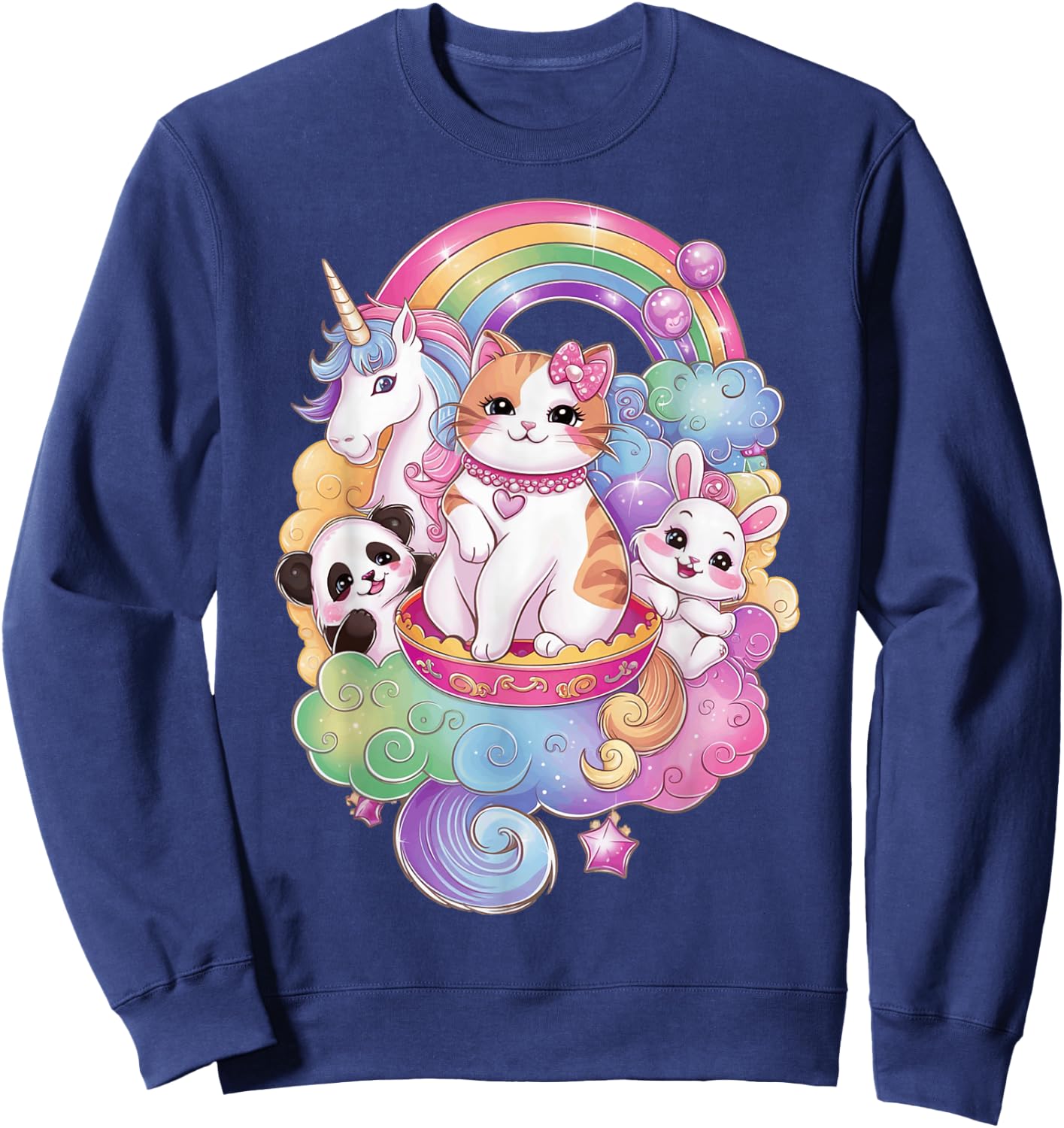 Cute Kawaii Cat Unicorn Panda Bunny Rainbow Anime Teen Kids Sweatshirt - Sweatshirt | Navy