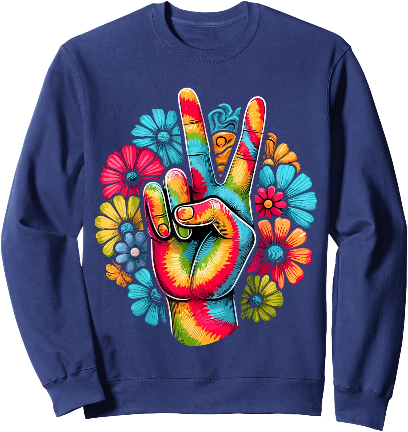 Love and Peace Tie Dye Flower Hippie Sweatshirt - Sweatshirt | Navy