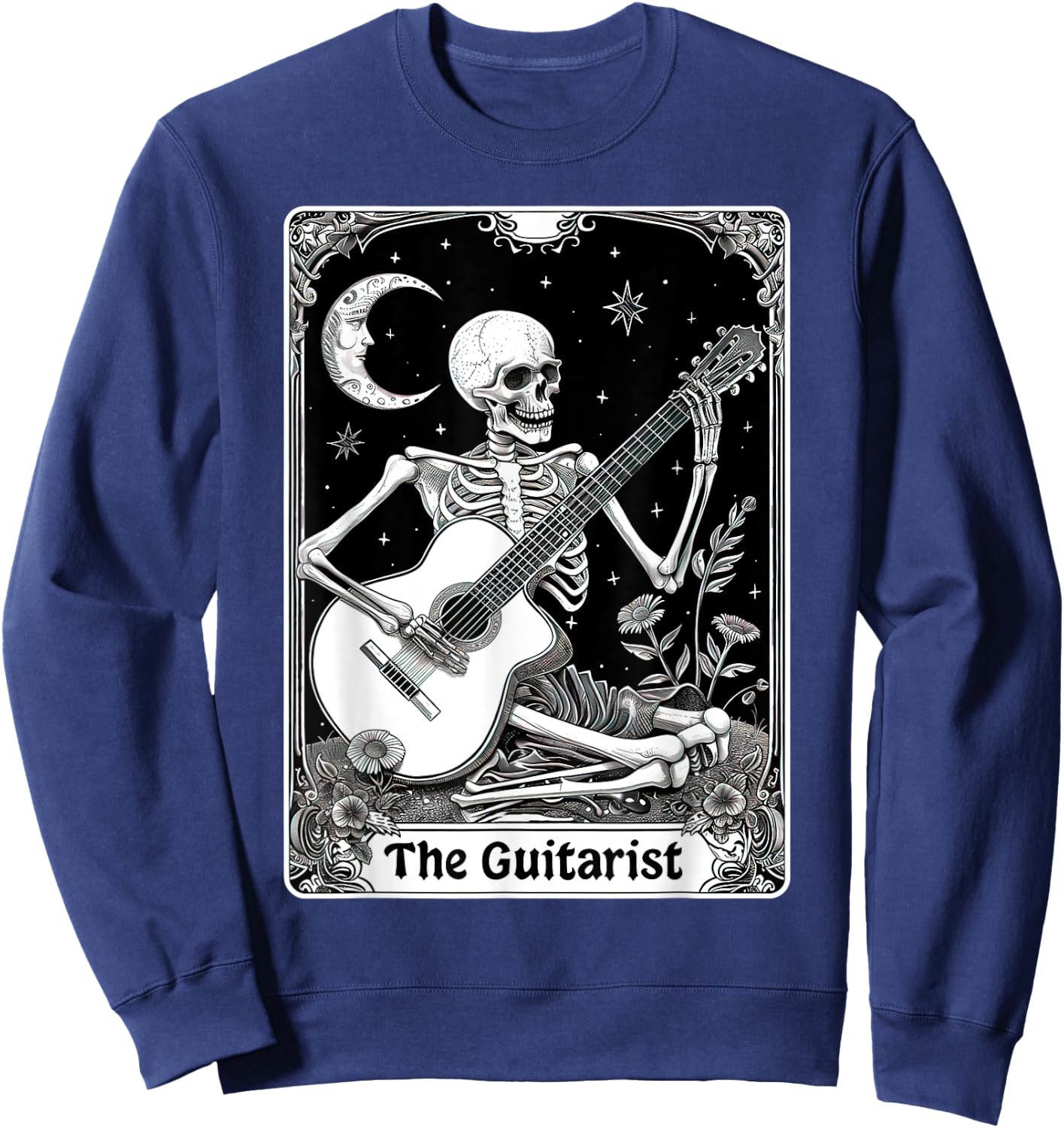 The Guitarist Tarot Card Funny Skeleton Playing Guitar Sweatshirt - Sweatshirt | Navy