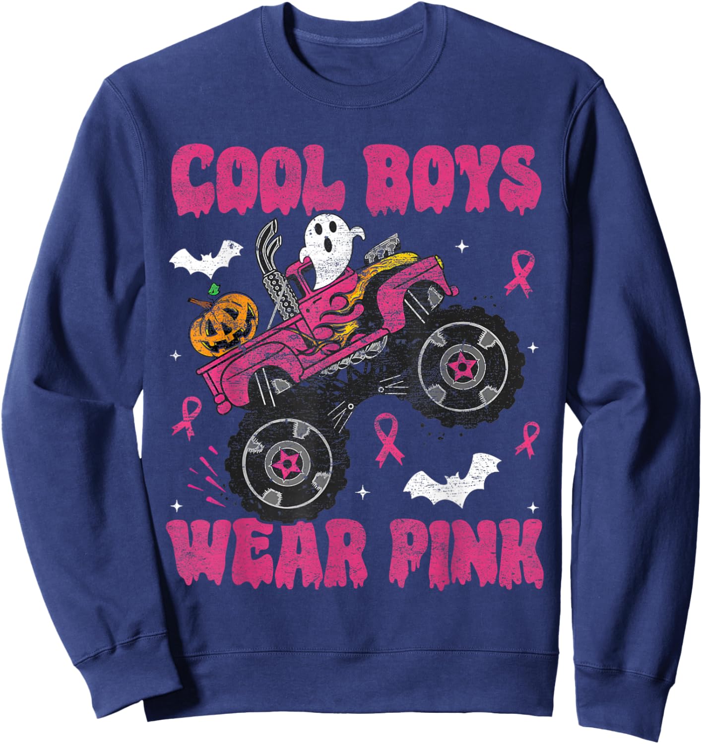 Cool Boys Wear Pink Monster Truck Halloween Breast Cancer Sweatshirt - Sweatshirt | Navy