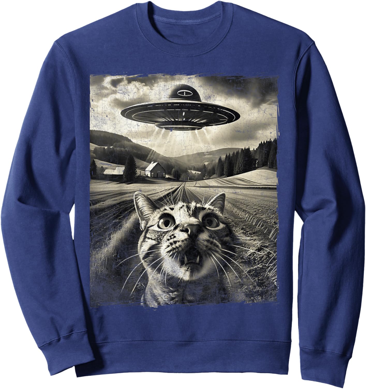 Cat Selfie With UFO Alien Funny Cat Gifts Men Women Kid Boys Sweatshirt - Sweatshirt | Navy