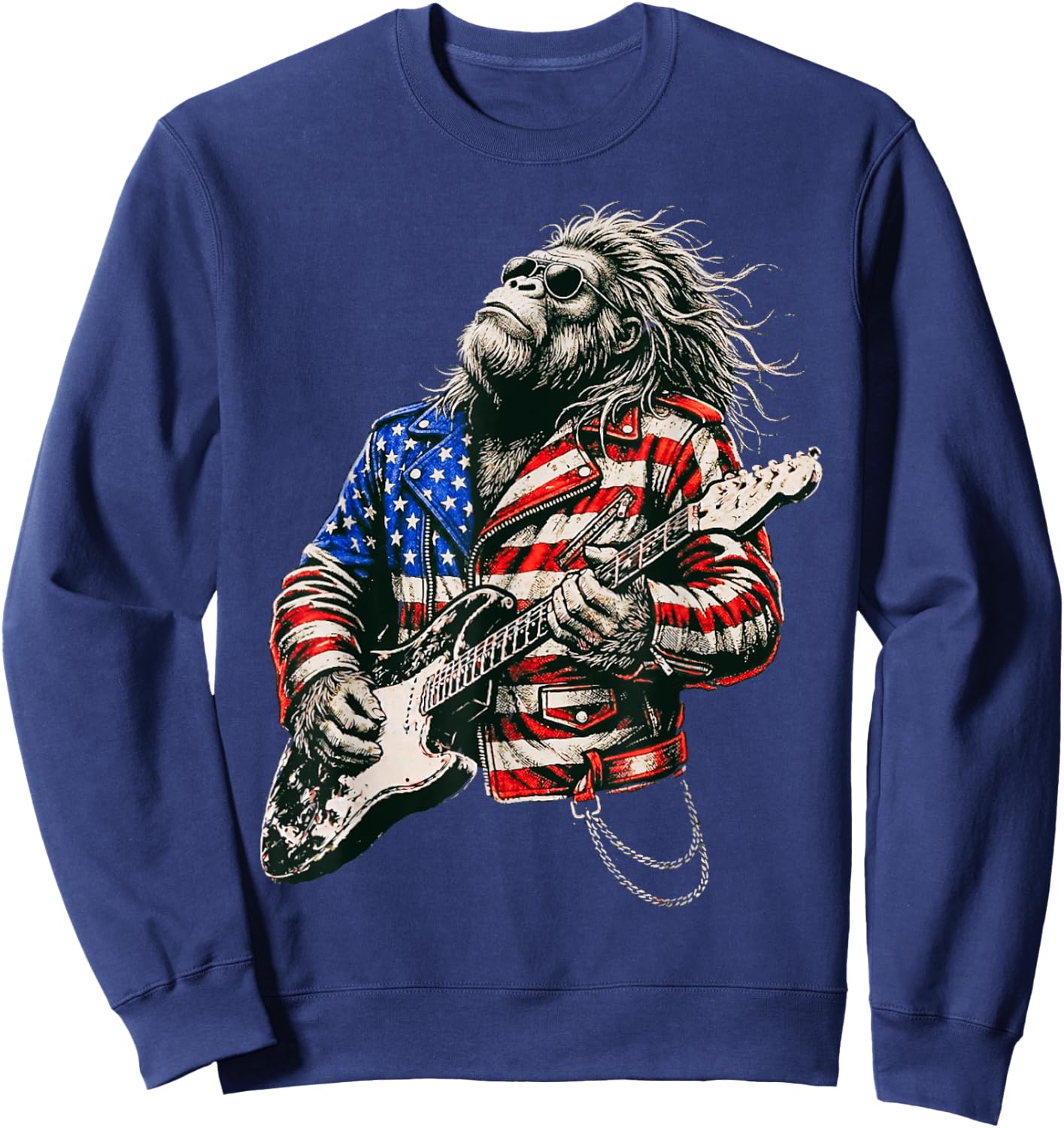 Vintage Guitar Playing Patriotic American Sasquatch Sweatshirt - Sweatshirt | Navy