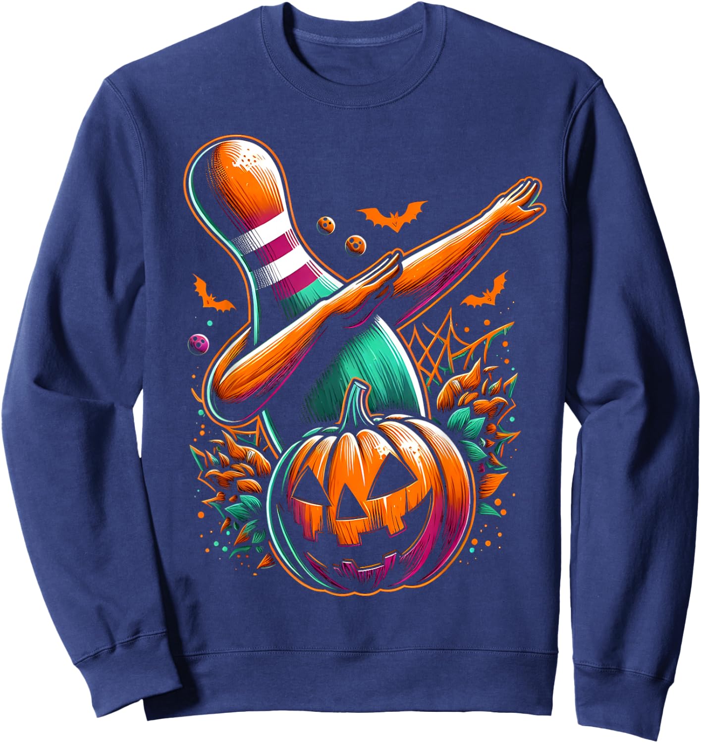 Dabbing Bowling Pin Pumpkin Spooky Halloween Bowling Costume Sweatshirt - Sweatshirt | Navy